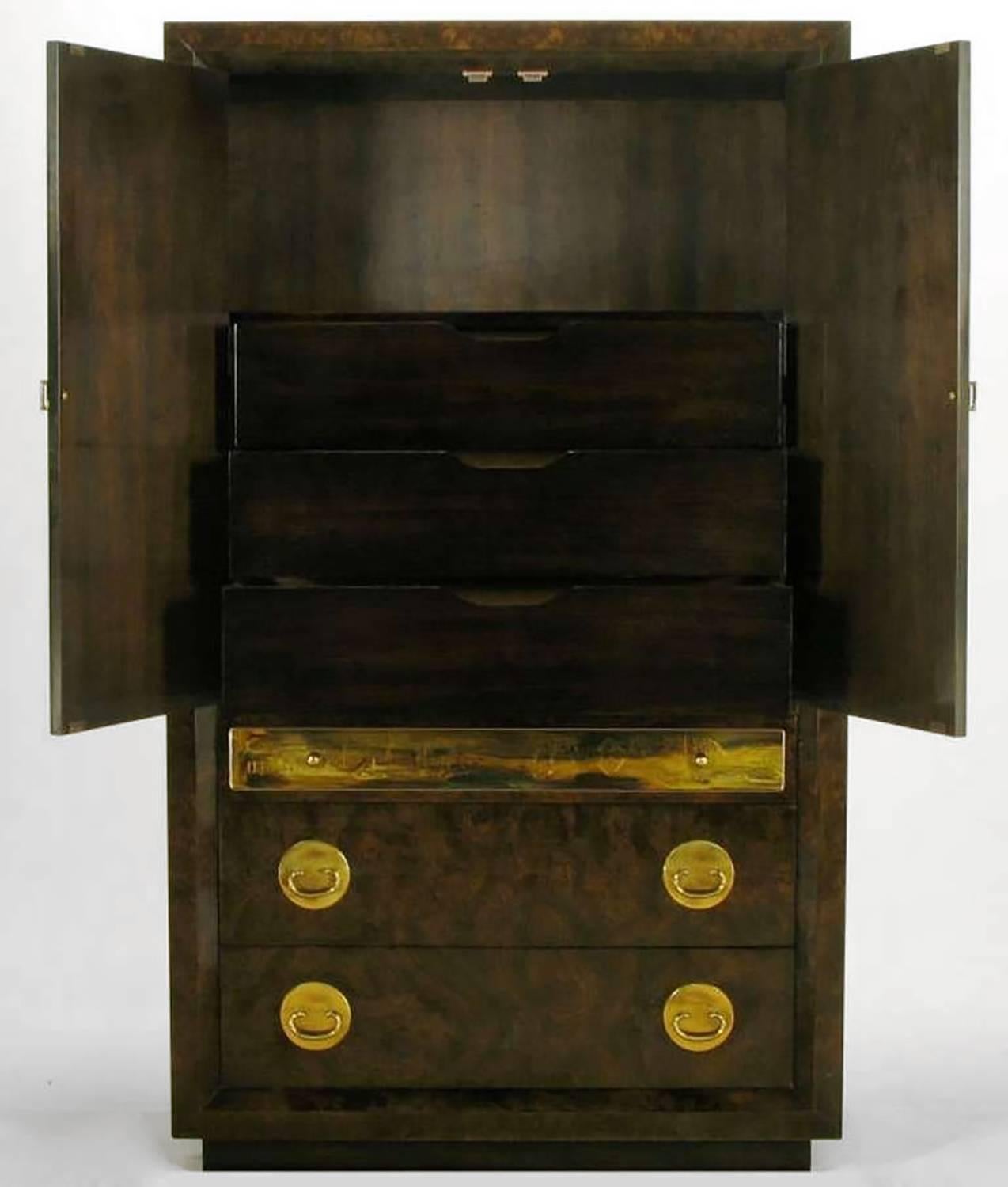 Mid-Century Modern Mastercraft Burl and Acid Etched Brass Wardrobe Cabinet For Sale