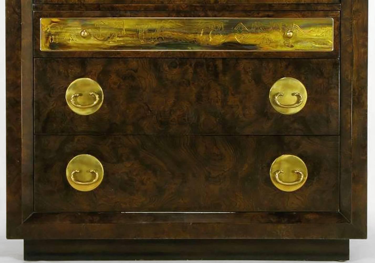 American Mastercraft Burl and Acid Etched Brass Wardrobe Cabinet For Sale