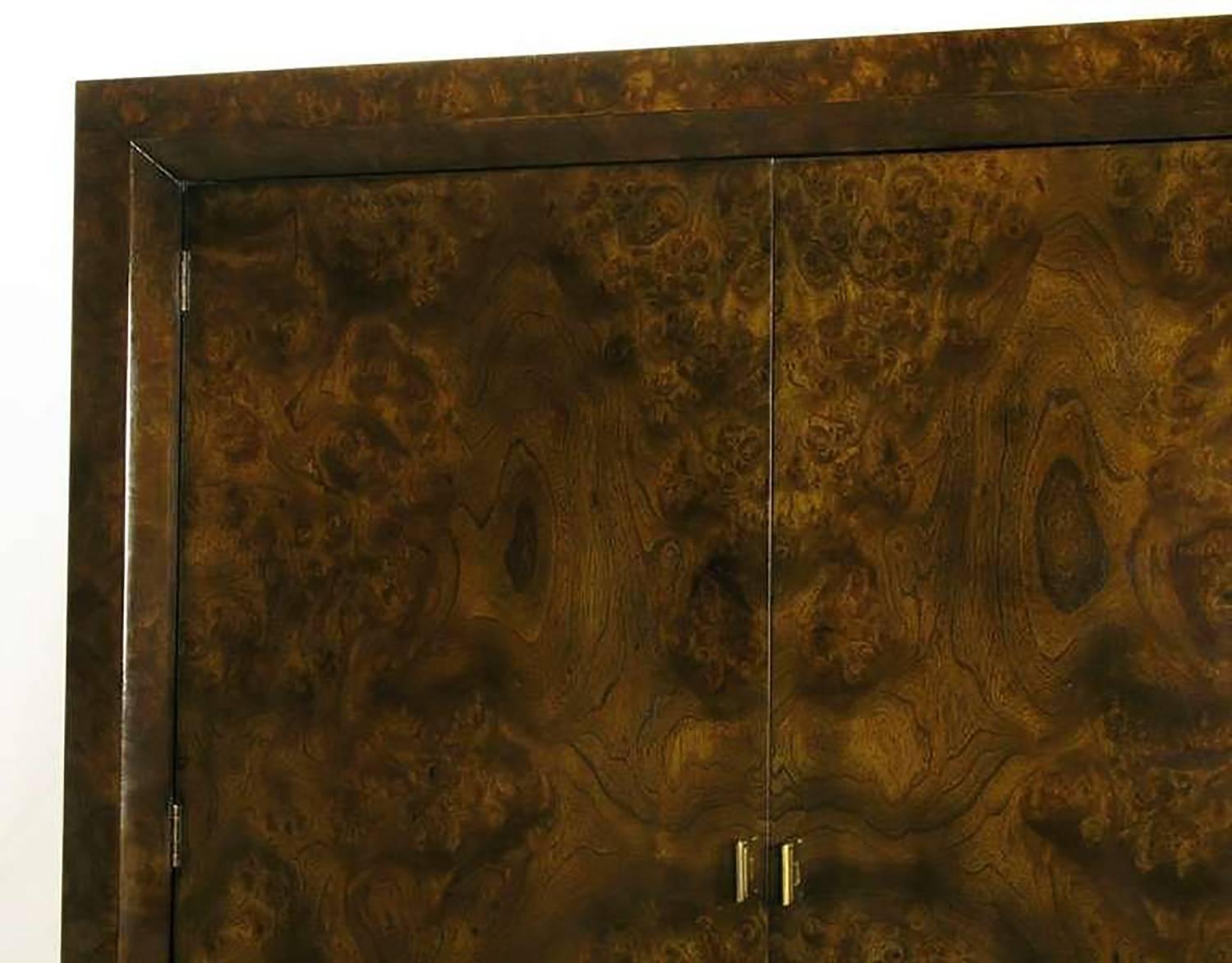 Mastercraft Burl and Acid Etched Brass Wardrobe Cabinet For Sale 1