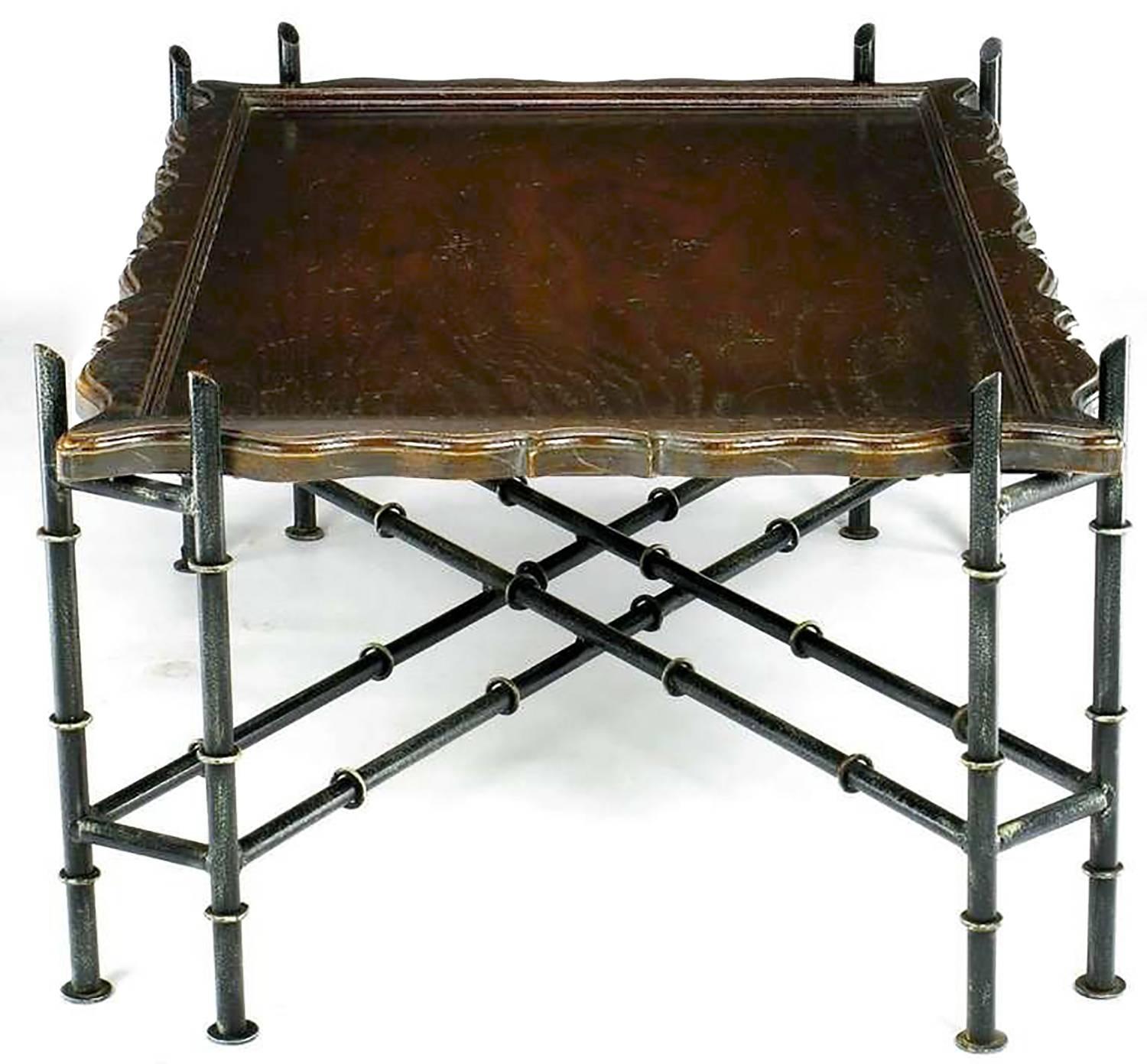 American Chinese Chippendale Coffee Table with Stylized Bamboo Iron Base