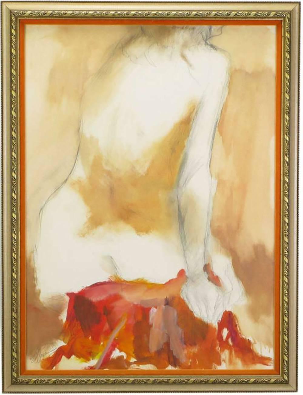 Large oil and pencil abstract nude in earth tone colors of reds, yellows, tan, orange and lavender. Nicely finished in a carved and parcel giltwood frame with velvet matting. Signed 