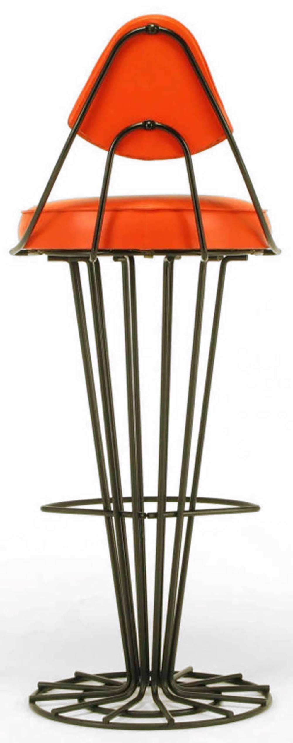 Set of Four Sculptural Black Wrought Iron and Persimmon Bar Stools In Excellent Condition For Sale In Chicago, IL