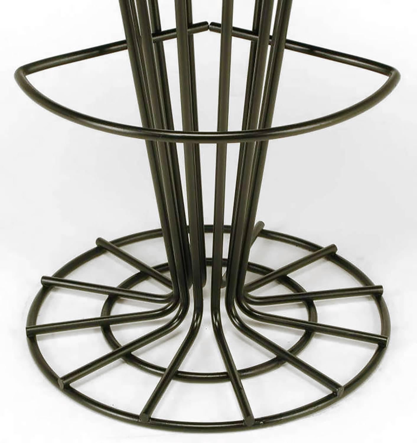 Faux Leather Set of Four Sculptural Black Wrought Iron and Persimmon Bar Stools For Sale