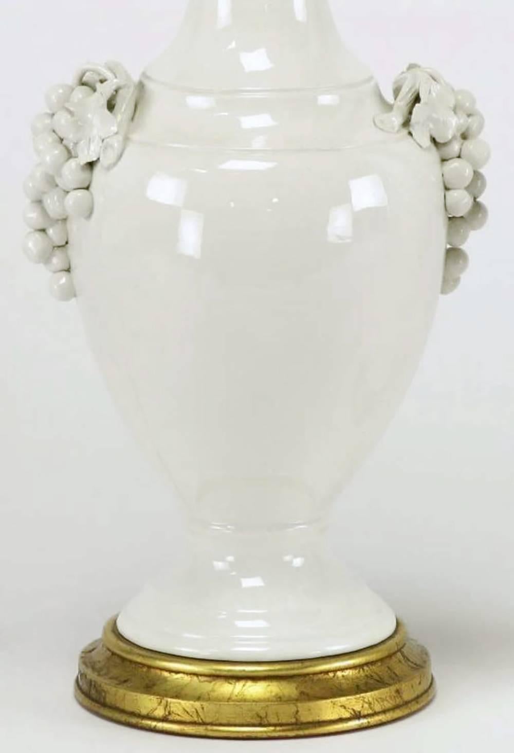 American Pair of Fredrick Cooper White Glazed Ceramic Table Lamps with Grape Clusters For Sale
