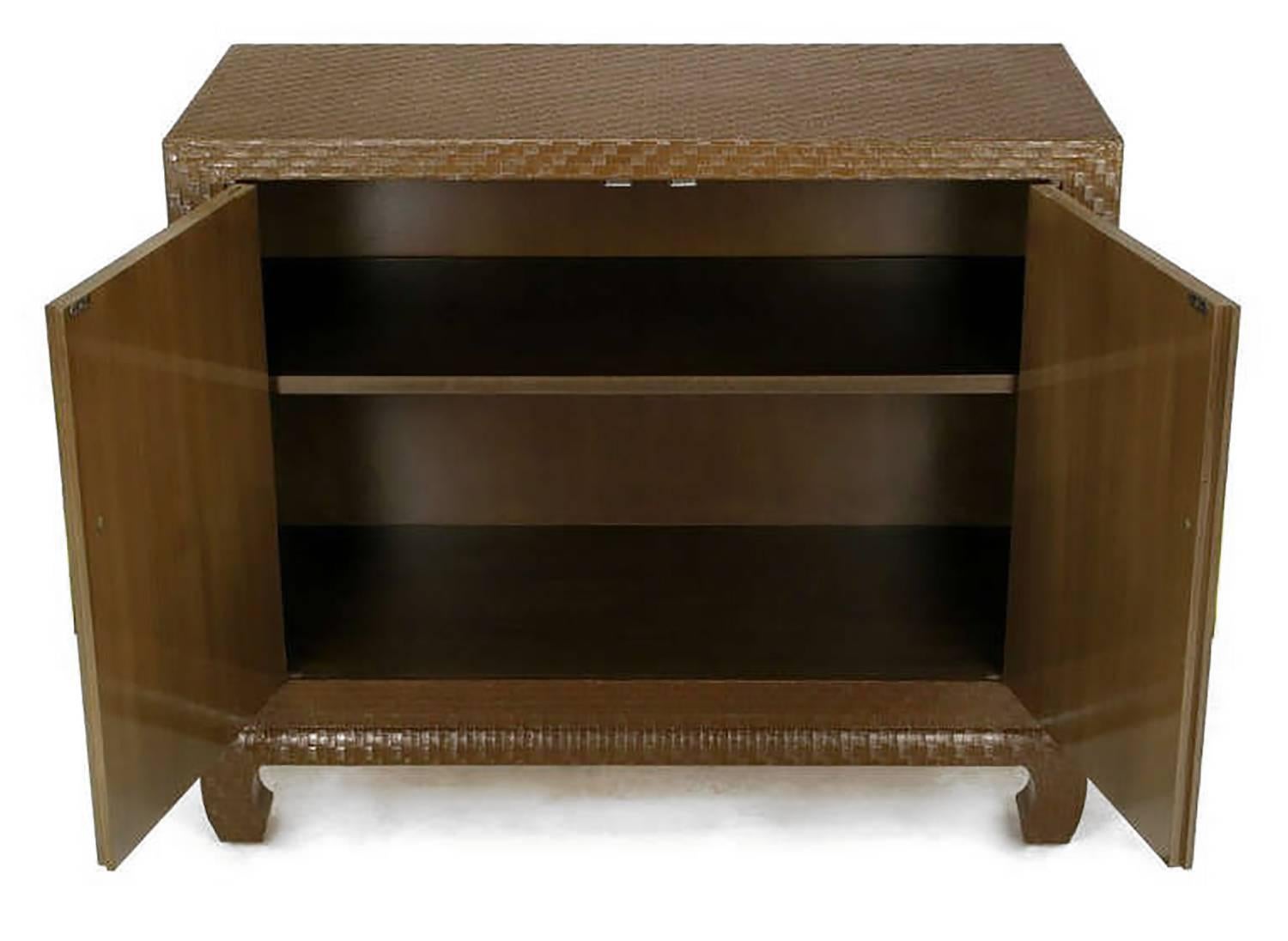 Baker Asian Modern Cabinet in Chocolate Lacquered Grasscloth In Excellent Condition In Chicago, IL