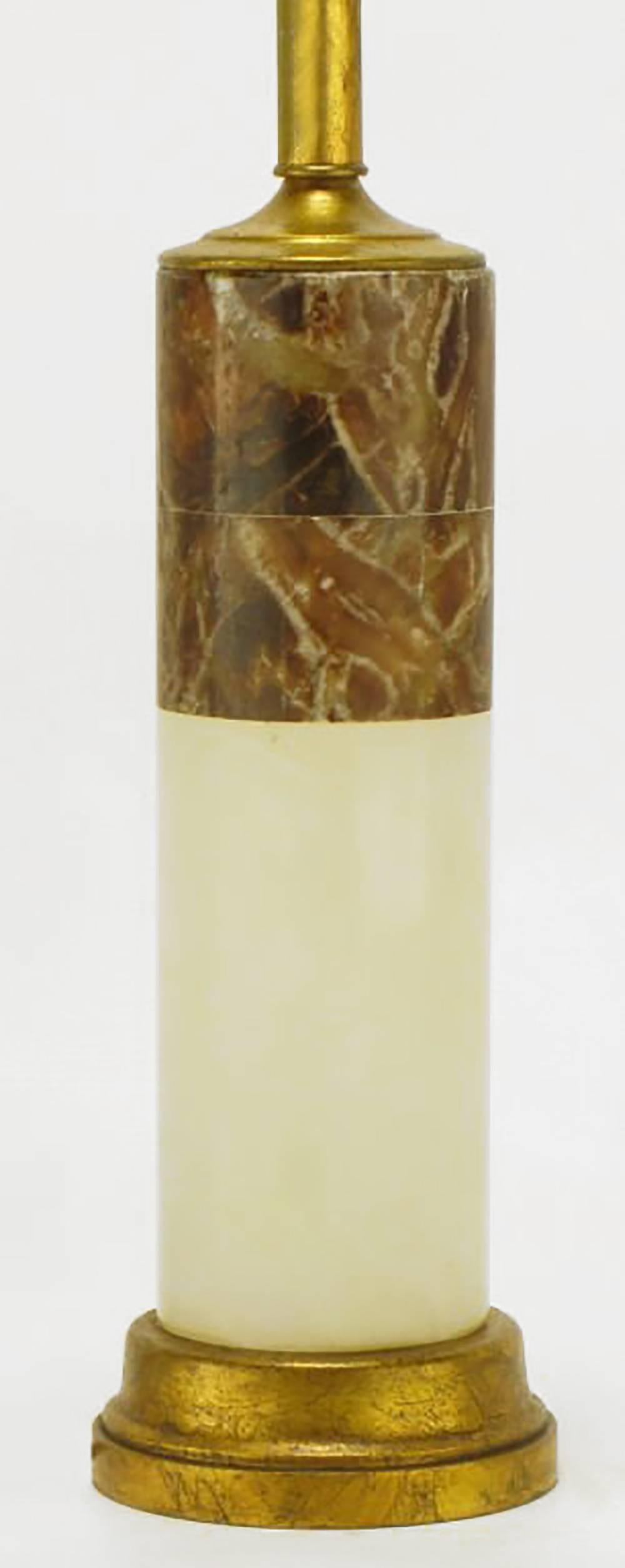 Milieu du XXe siècle Lampe de bureau cylindrique à sections en marbre et onyx d'après Hansen en vente