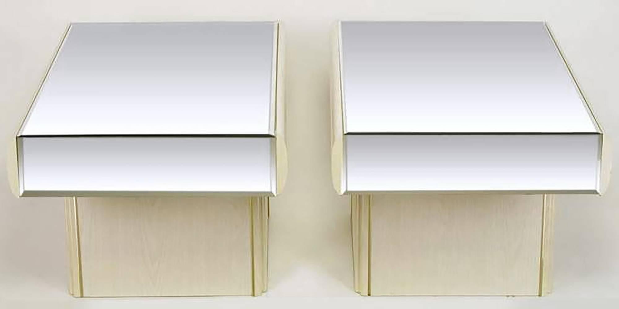 Post-Modern Pair of Italian White Glazed Oak and Mirror Cantilever End Tables