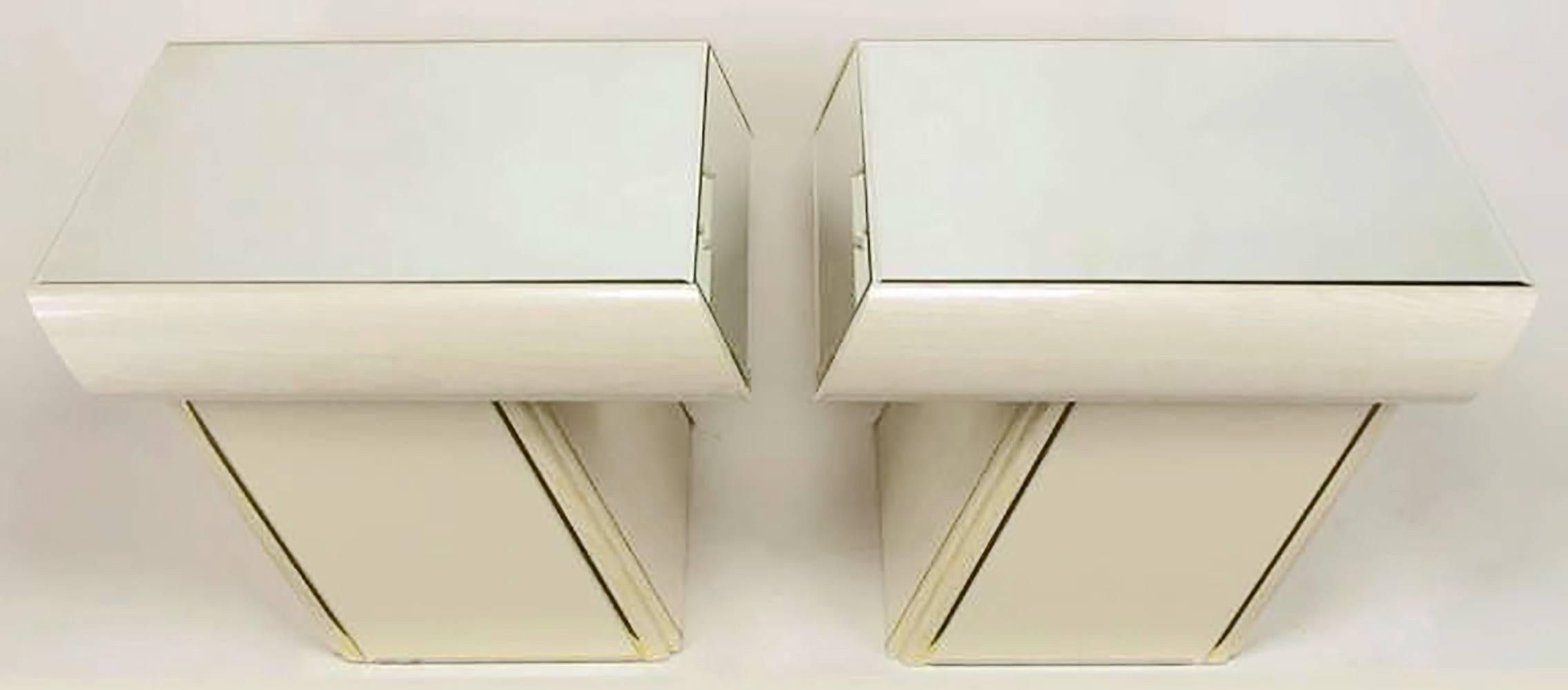 Anodized Pair of Italian White Glazed Oak and Mirror Cantilever End Tables