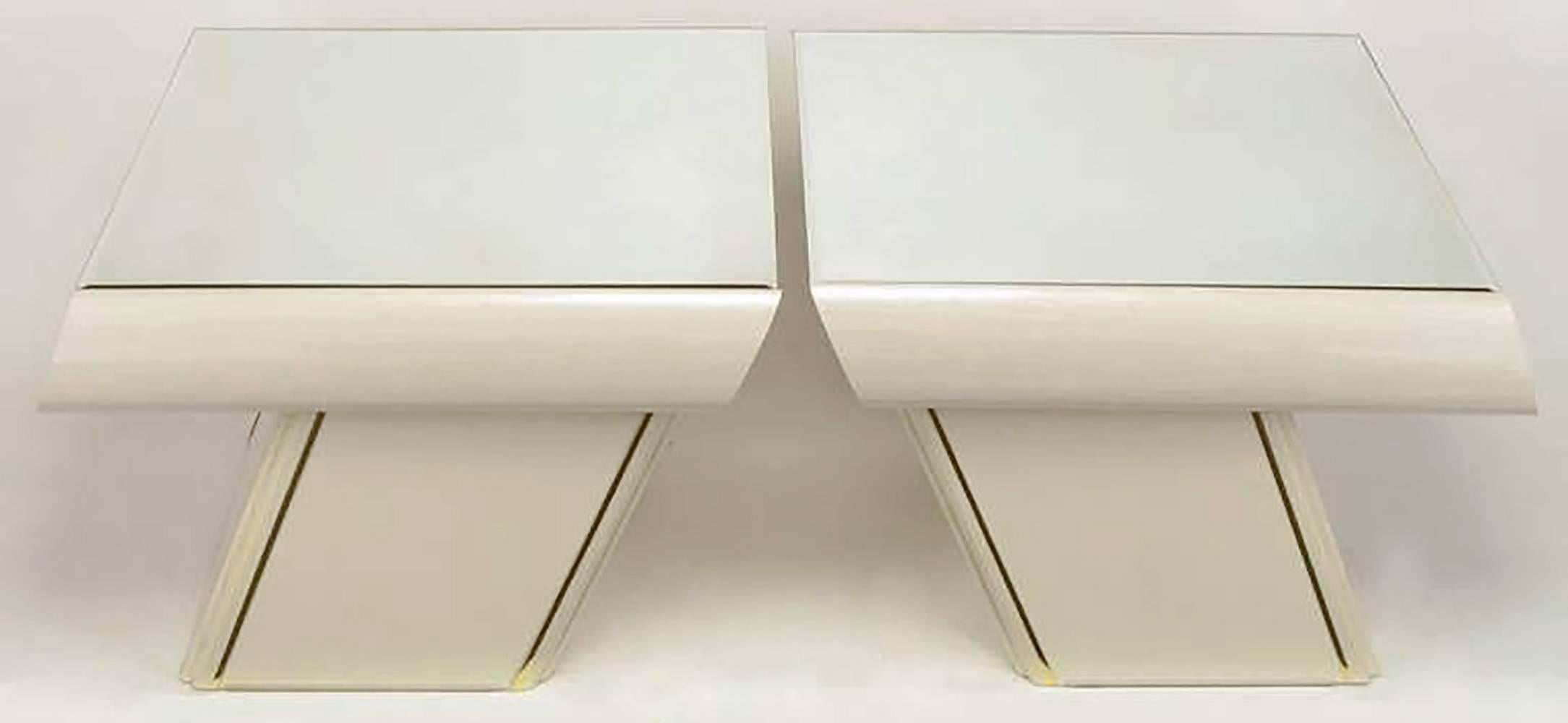 Pair of Italian White Glazed Oak and Mirror Cantilever End Tables In Good Condition In Chicago, IL