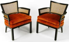 Pair of Baker Ebonized Mahogany and Cane Button Tufted Armchairs