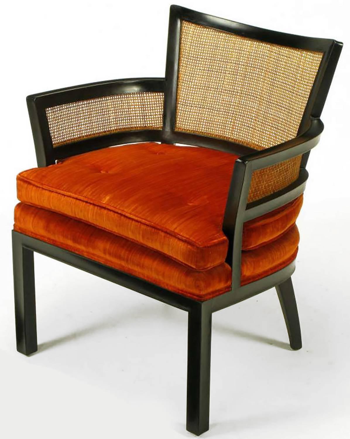 Mid-Century Modern Pair of Baker Ebonized Mahogany and Cane Button Tufted Armchairs For Sale