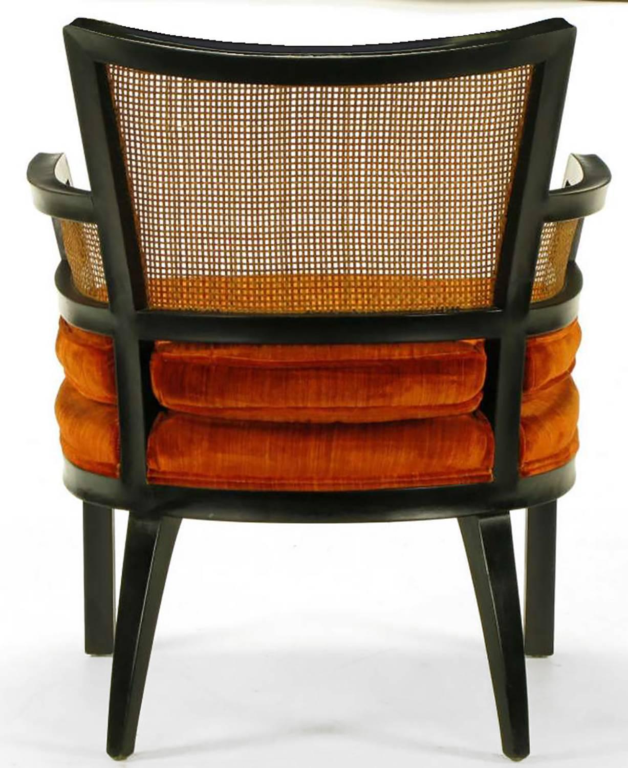 Mid-20th Century Pair of Baker Ebonized Mahogany and Cane Button Tufted Armchairs For Sale