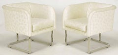 Pair of Milo Baughman Nickel and Ivory Glazed Cotton Print Club Chairs