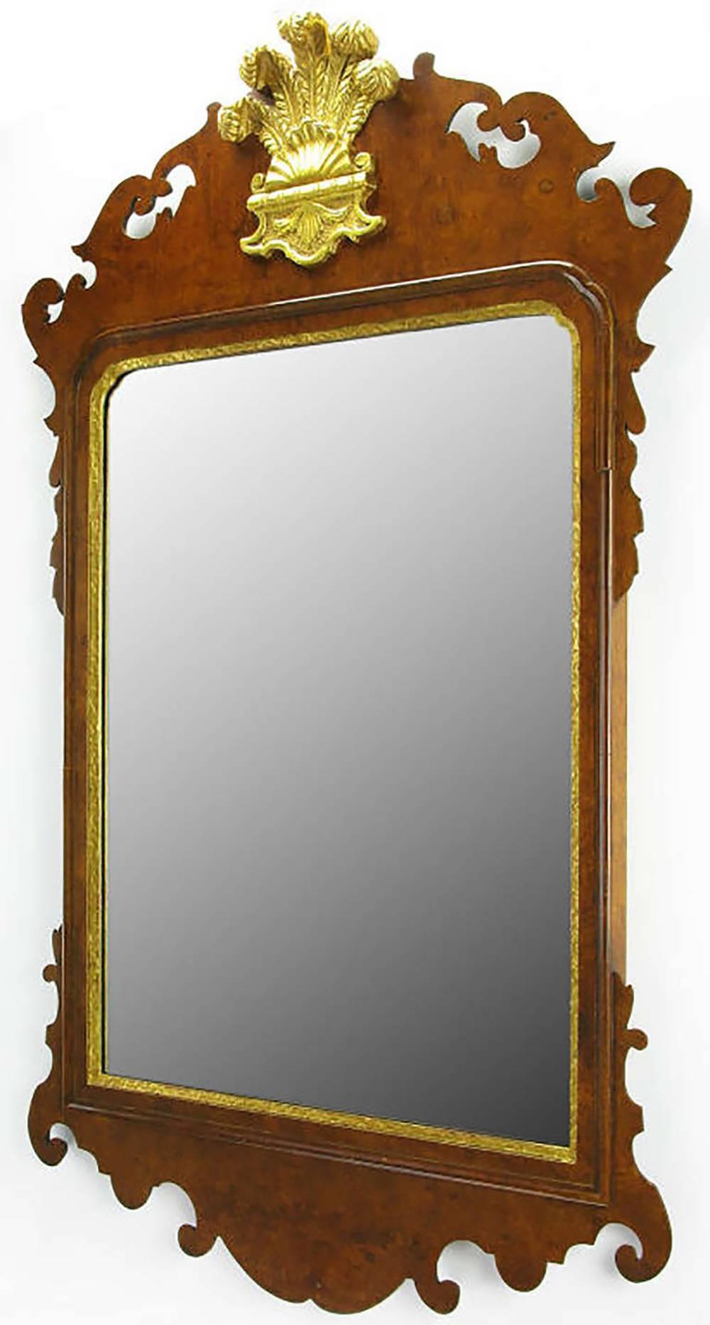 Chippendale beveled mirror in burled walnut with gold leaf plume and interior border, by Fine antique reproductionists, Williamsburg Restoration Inc. The original from which this mirror was exactly replicated hangs in the west hall of the Raleigh