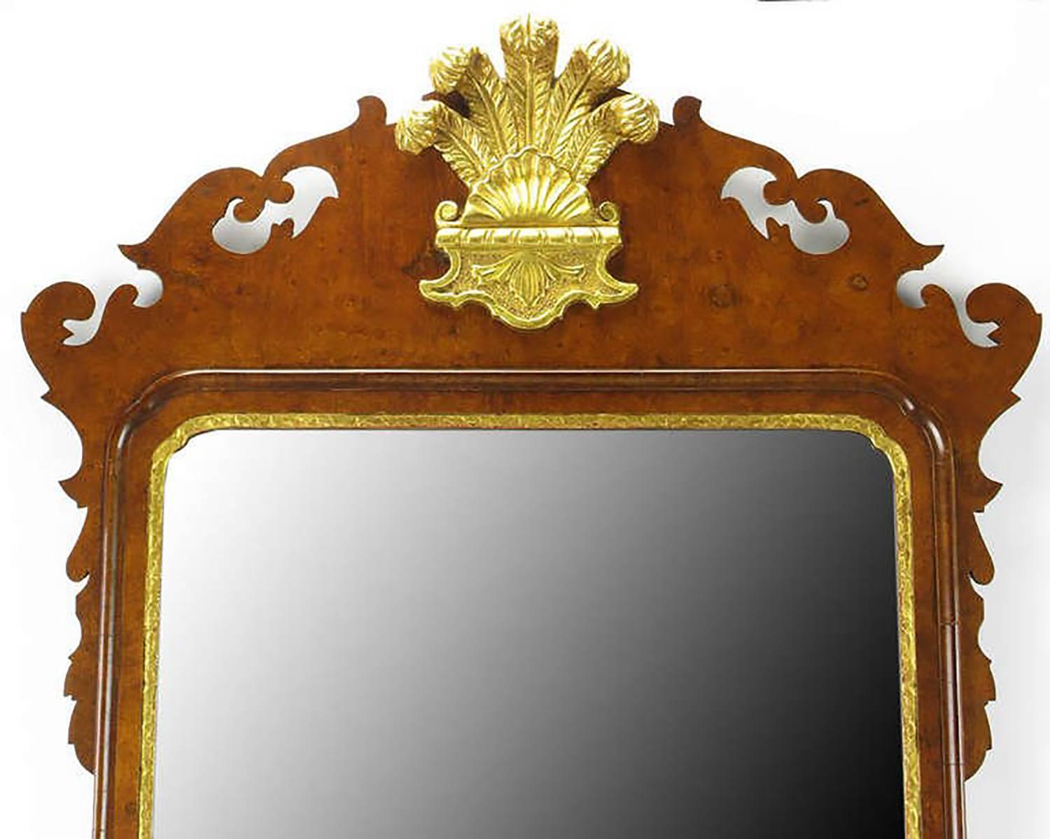 American Chippendale Mirror in Burled Walnut with Gilt Plume Surmounter For Sale