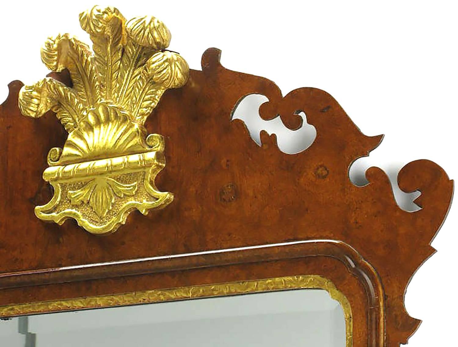Chippendale Mirror in Burled Walnut with Gilt Plume Surmounter In Excellent Condition For Sale In Chicago, IL