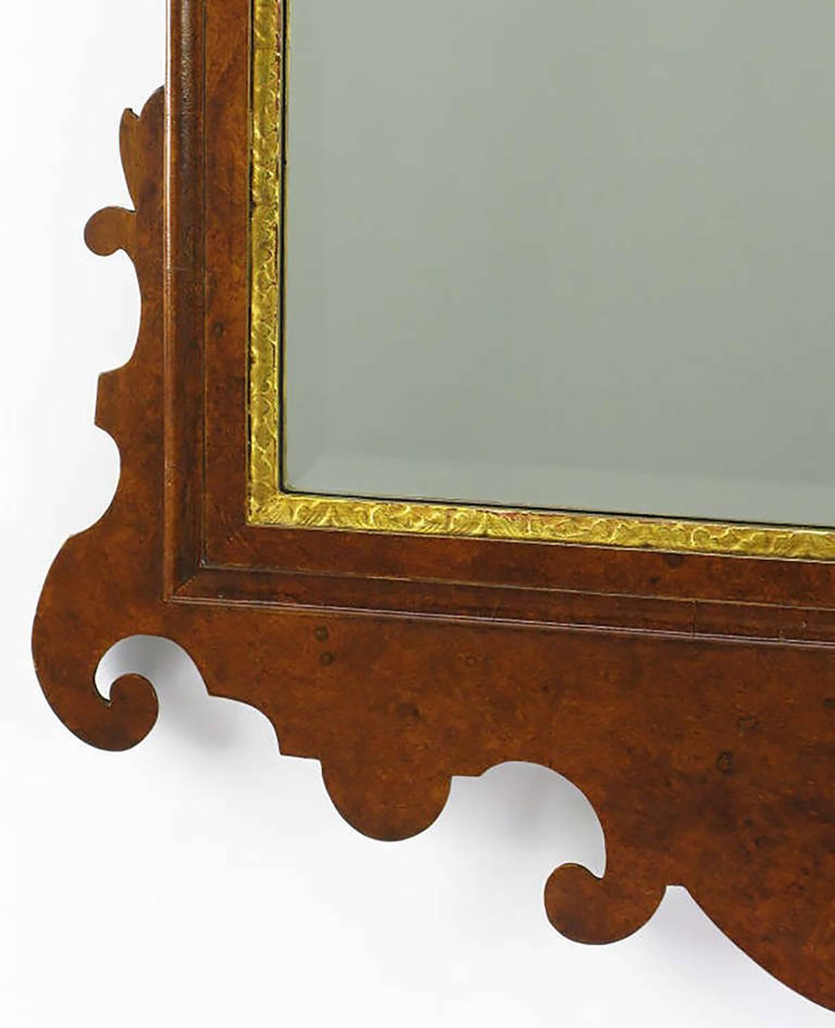 Mid-20th Century Chippendale Mirror in Burled Walnut with Gilt Plume Surmounter For Sale