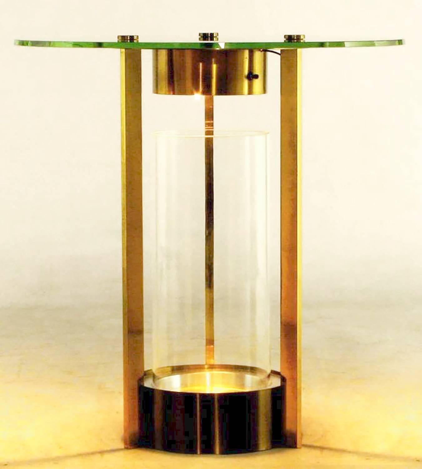 American Illuminated Brass and Glass Cylindrical End Table, Dorothy Thorpe Attributed