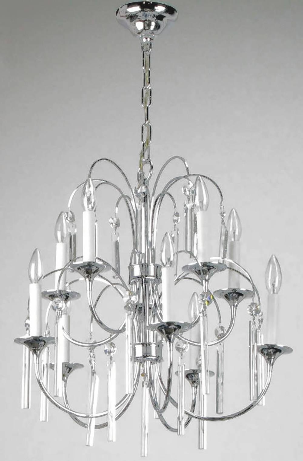 Beautiful chrome over brass ten-arm Italian chandelier with trumpet bobèches and long square rod crystals with angled tops. Excellent build quality and interesting shape that when lit, gives the appearance of an illuminated fountain. Height