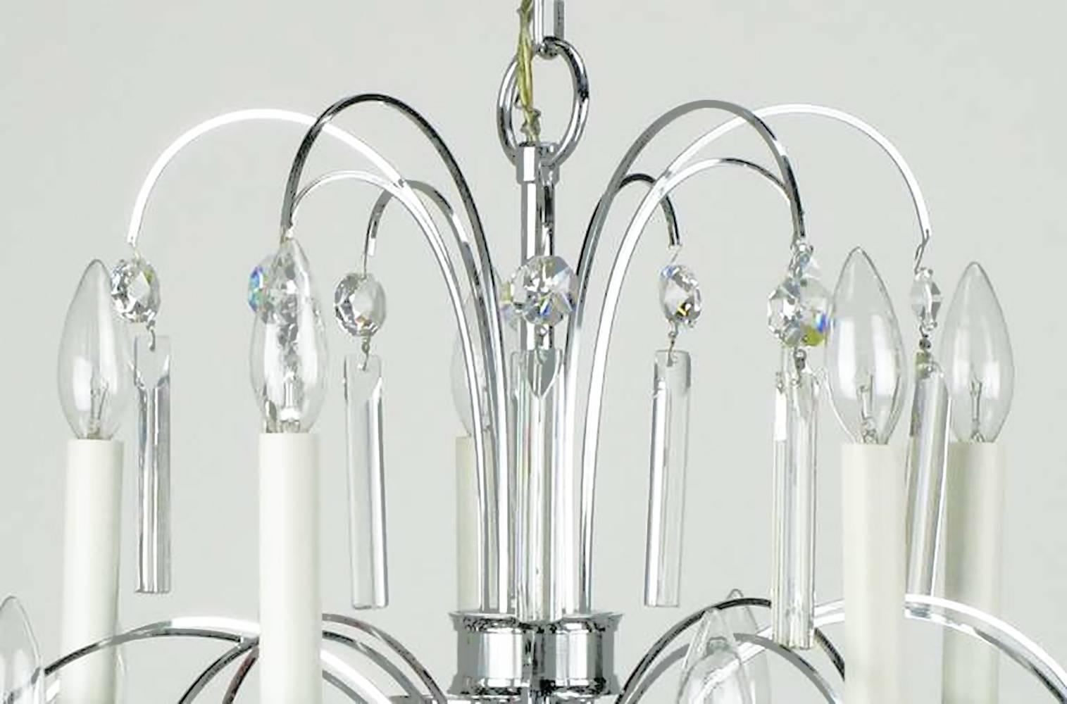 Mid-Century Modern Italian Chrome and Crystal Ten-Arm Waterfall Chandelier For Sale