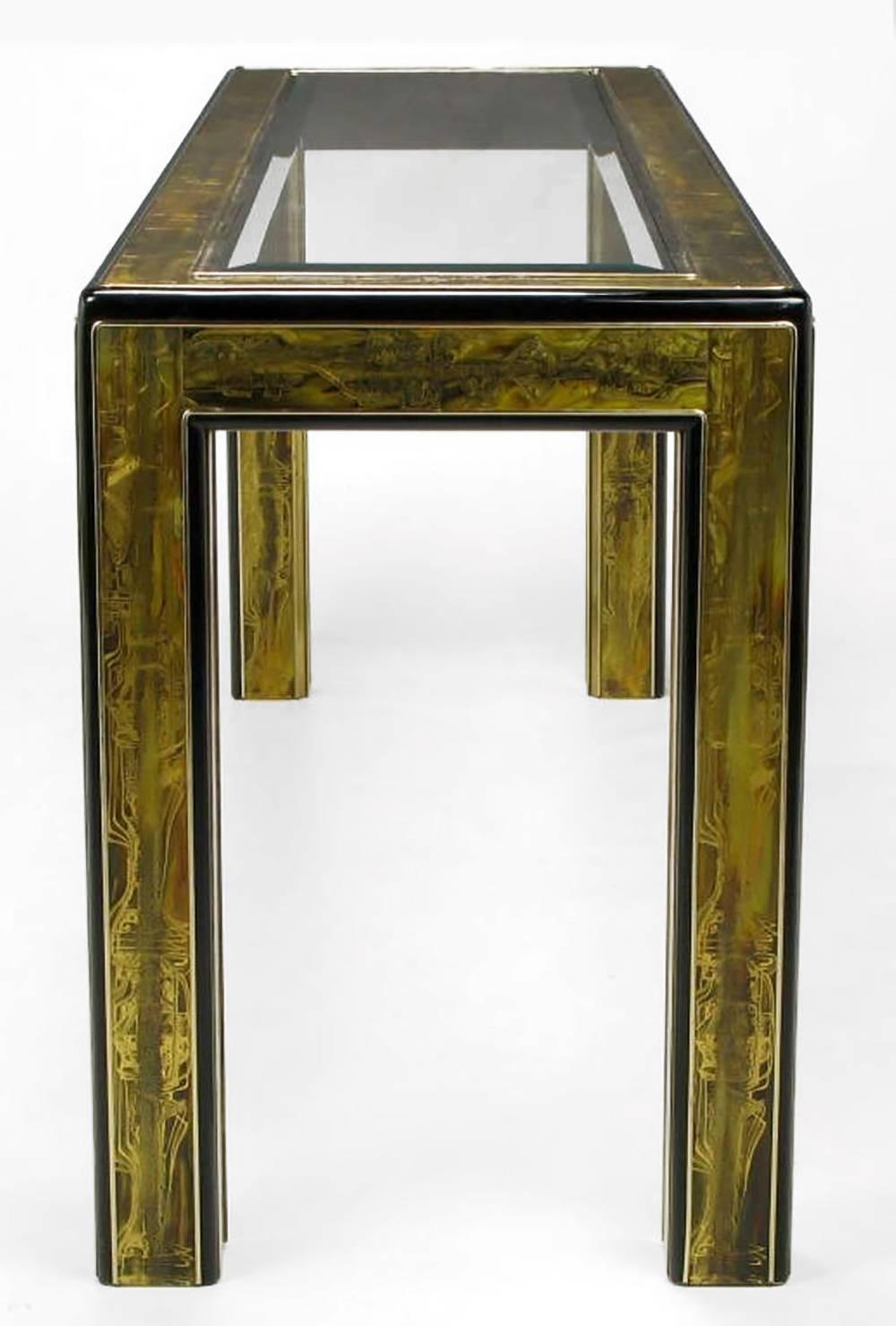 Mid-Century Modern Bernhard Rohne Acid Etched Brass Console Table by Mastercraft