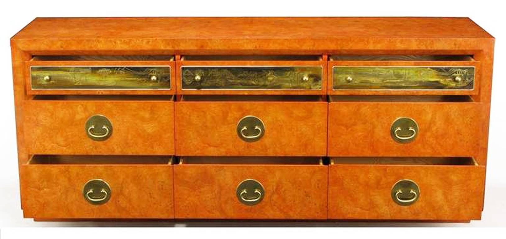 Custom Mastercraft Amboyna Burl and Acid Etched Brass Dresser In Excellent Condition For Sale In Chicago, IL