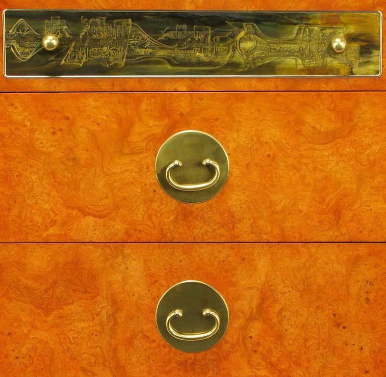 Late 20th Century Custom Mastercraft Amboyna Burl and Acid Etched Brass Dresser For Sale