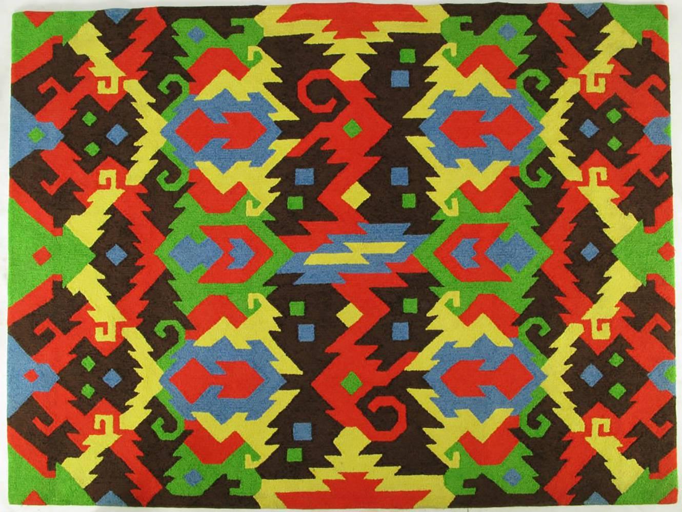 Chocolate brown, saffron yellow, sky blue, grass green, and Chinese red, combined in a Mayan-inspired abstract pattern, are the outstanding features of this 6' x 8' wool rug by custom rug maker Edward Fields.
Pair available for 9500.00
Acquired