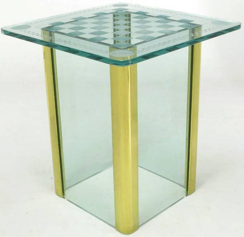 Glass top game table in the manner of Pace Collection. Features a wheel cut, etched 3/4