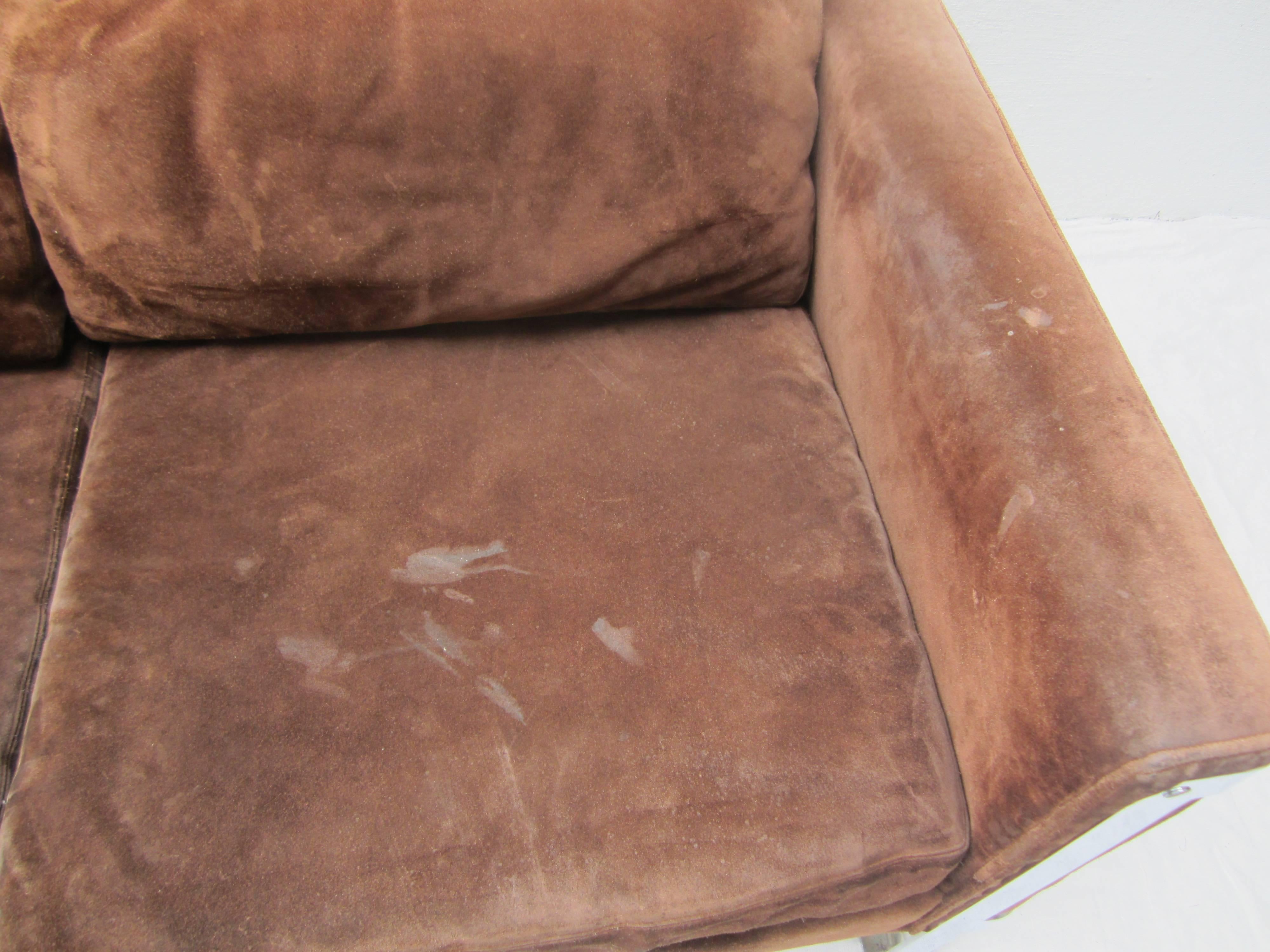 Milo Baughman sofa in original suede fabric ready to be reupholstered.