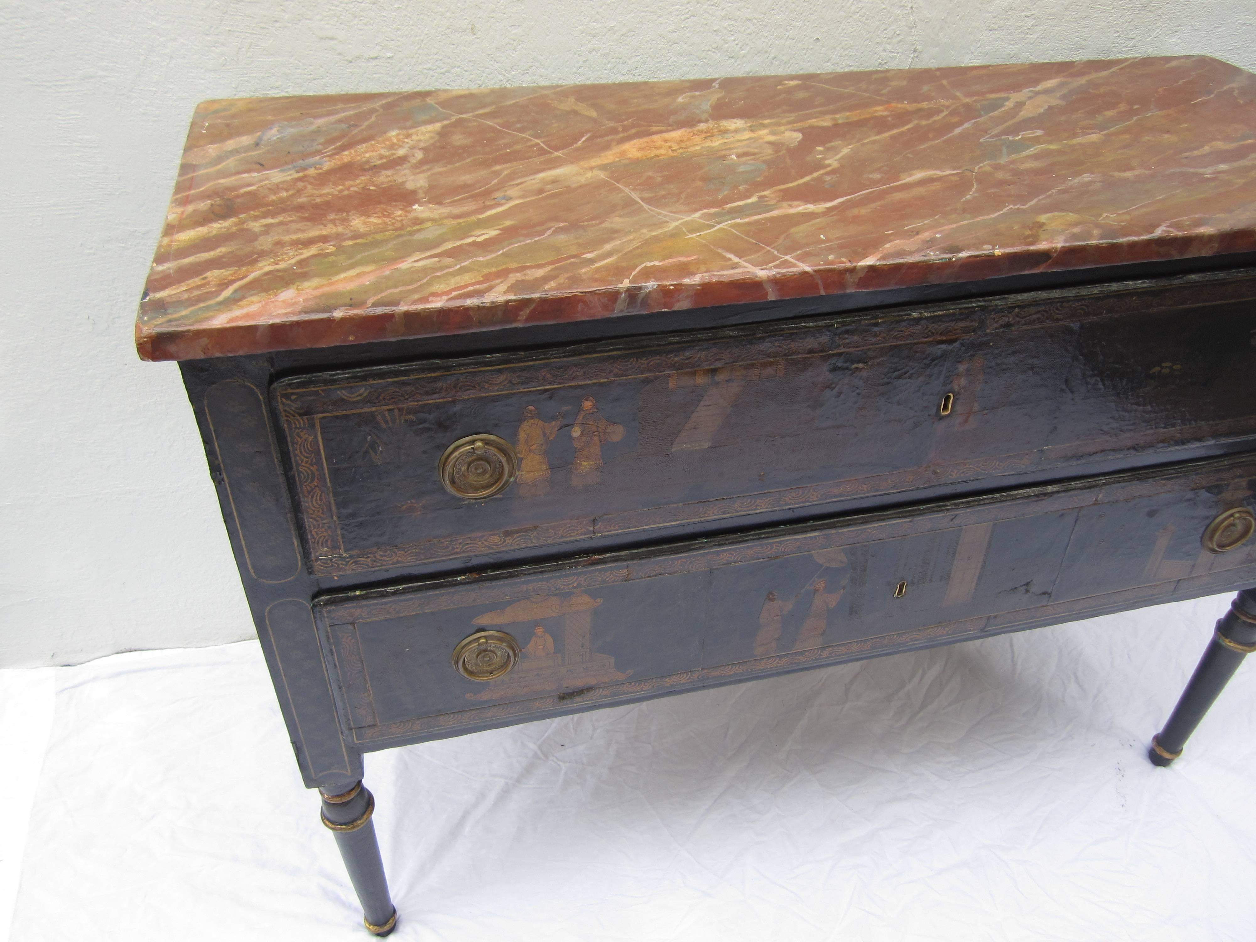 Fabulous 18th century chinoiserie commode with faux marble top with two drawers. It has some restoration work.