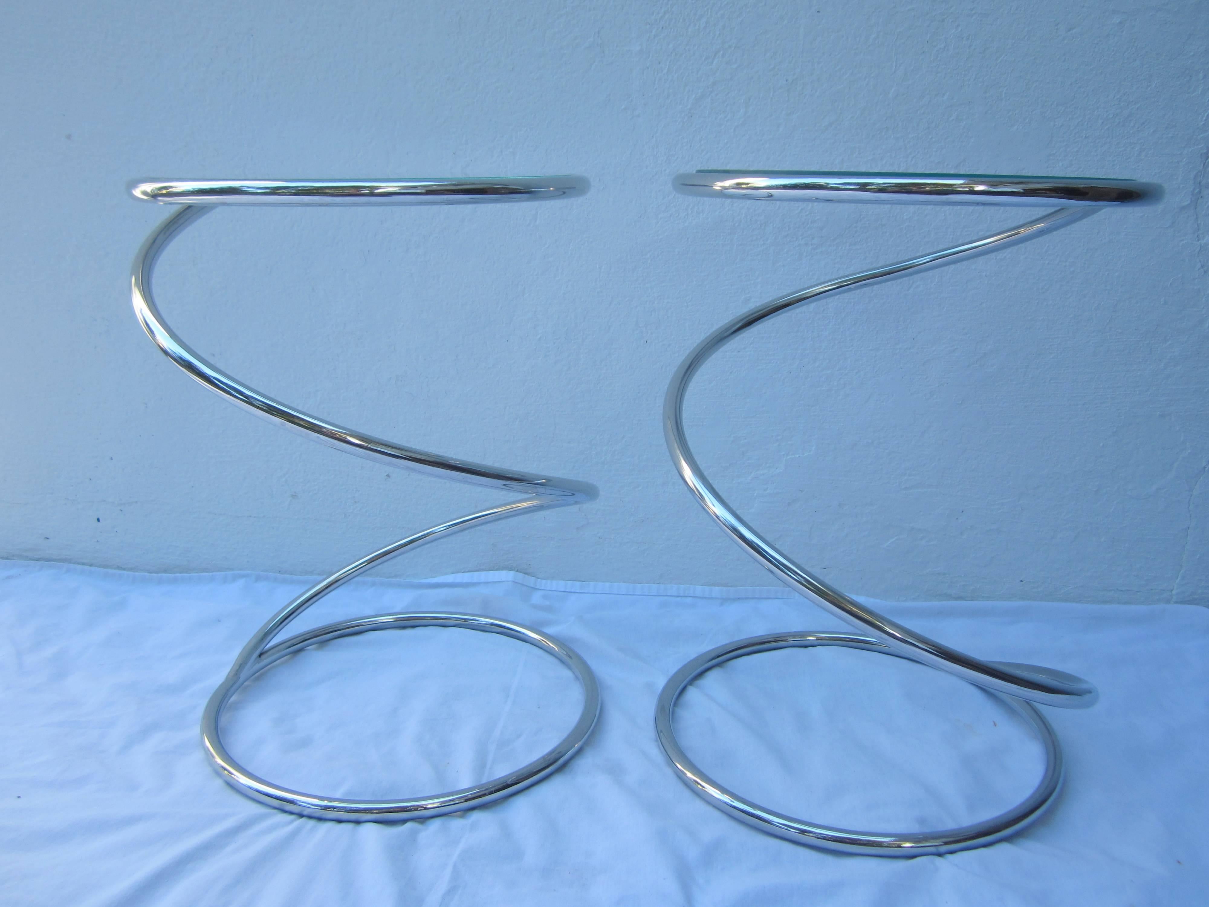 Pair of polished chrome and glass tables Pace by Leon Rosen.