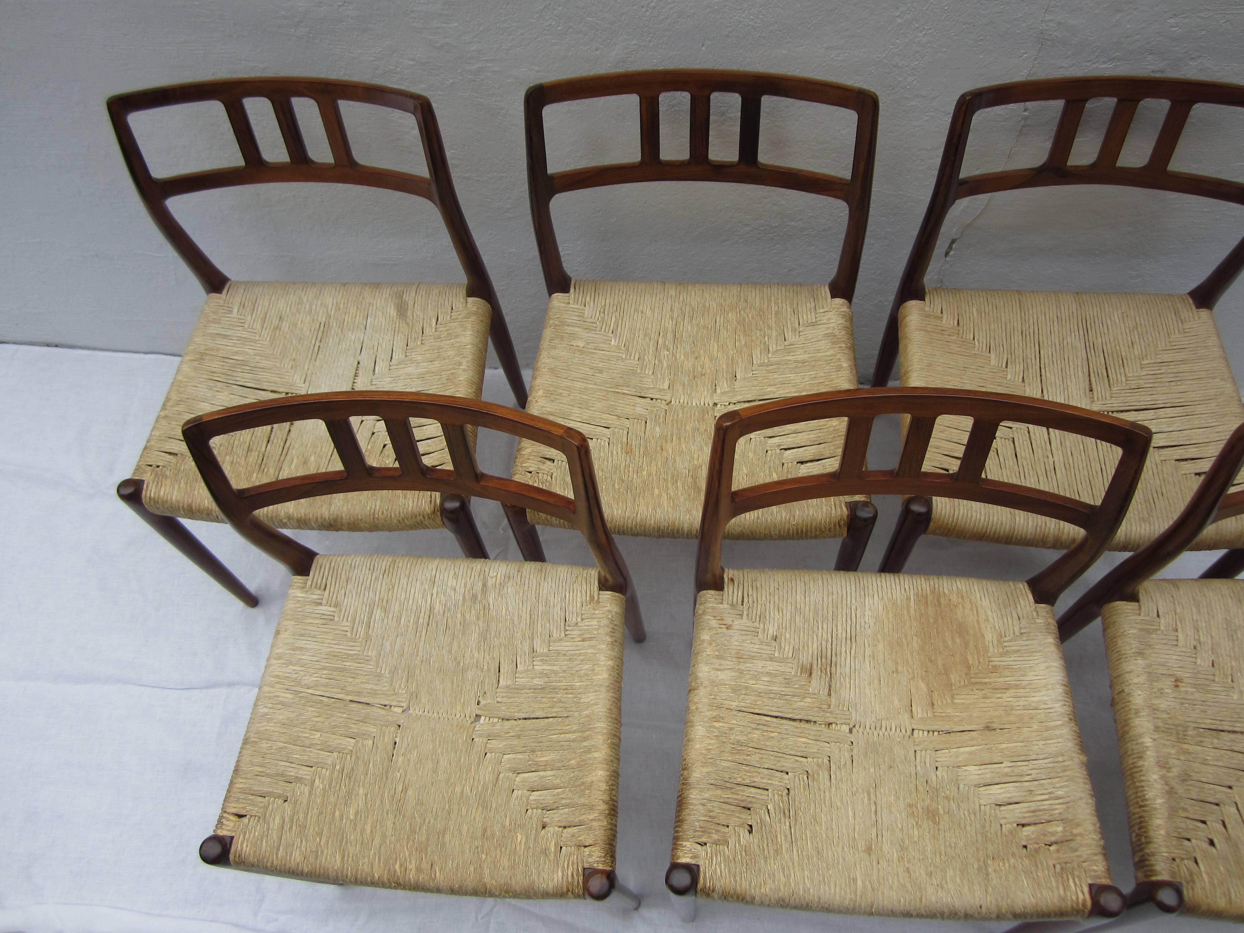 Great set of rosewood chairs with paper cord seats by Niels Otto Moller.