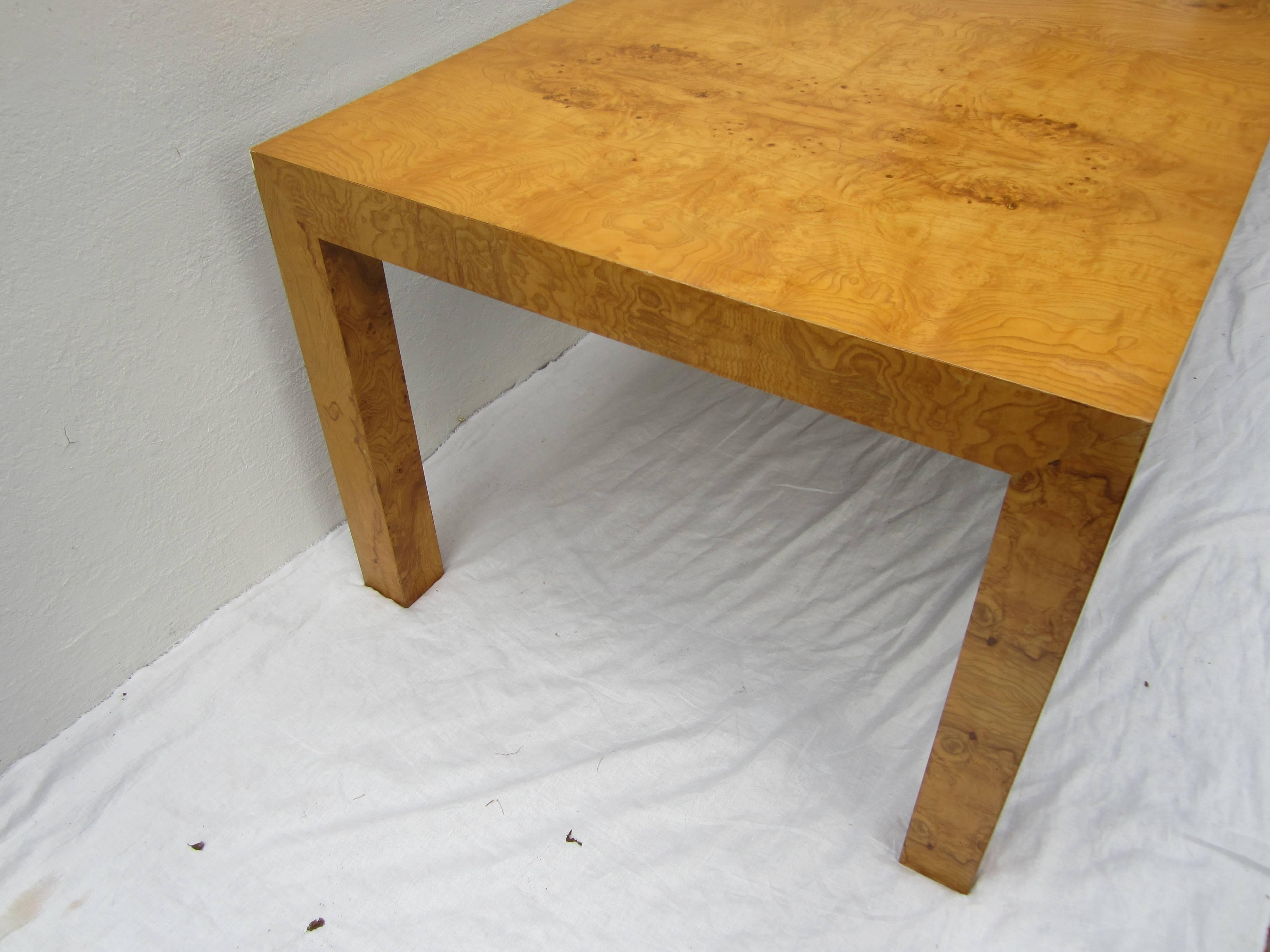 Milo Baughman burl wood veneer extension dining table. Measures: 66