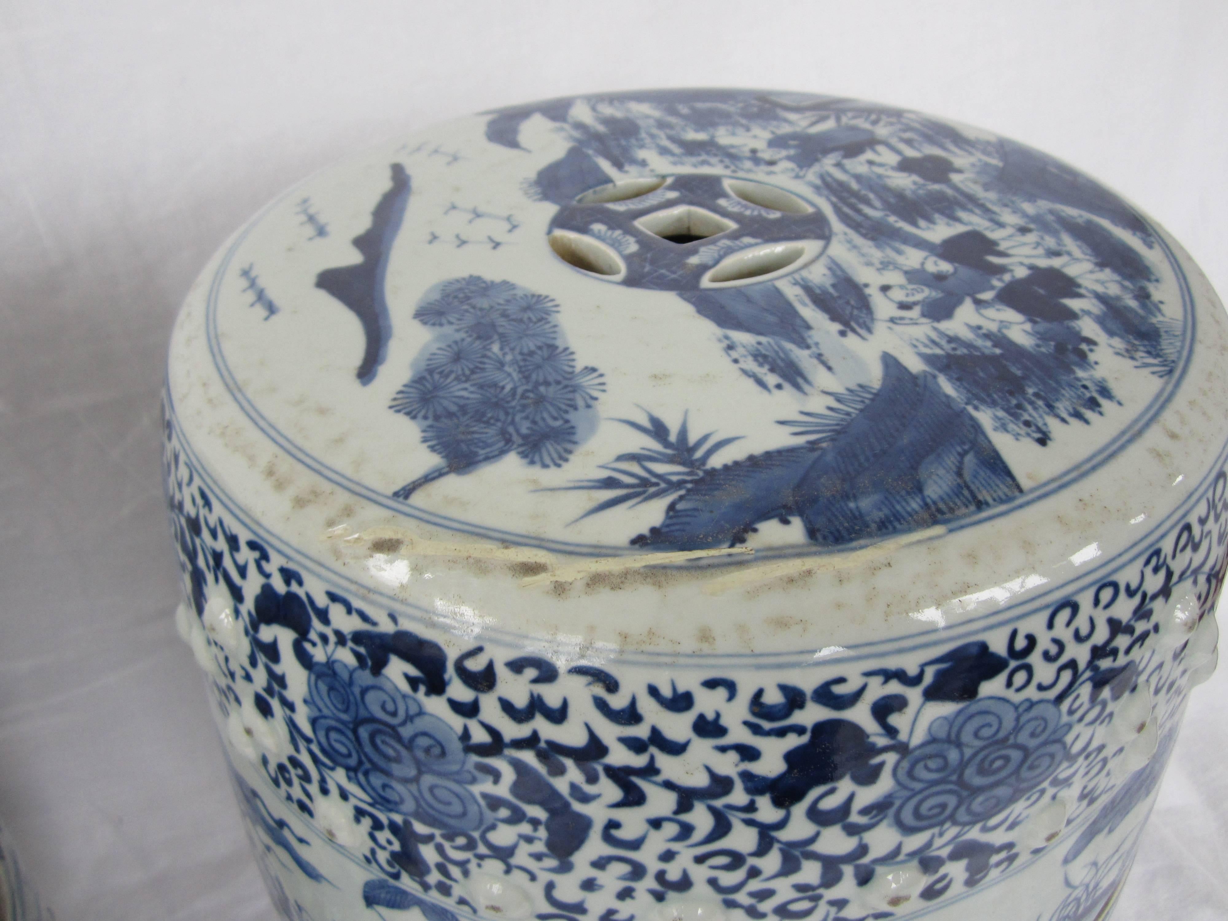 Ceramic Pair of Chinese Blue and White Garden Seats
