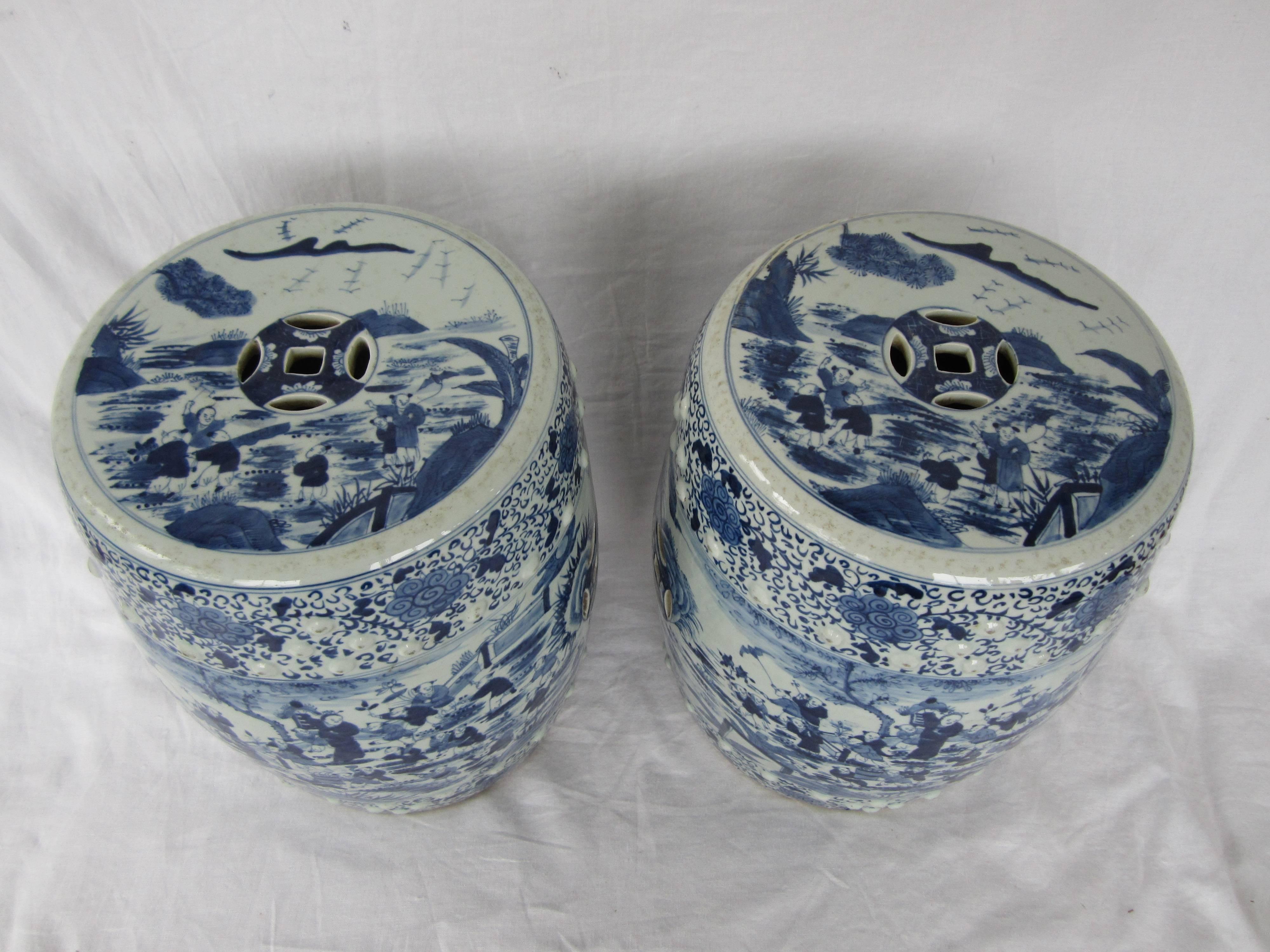 20th Century Pair of Chinese Blue and White Garden Seats