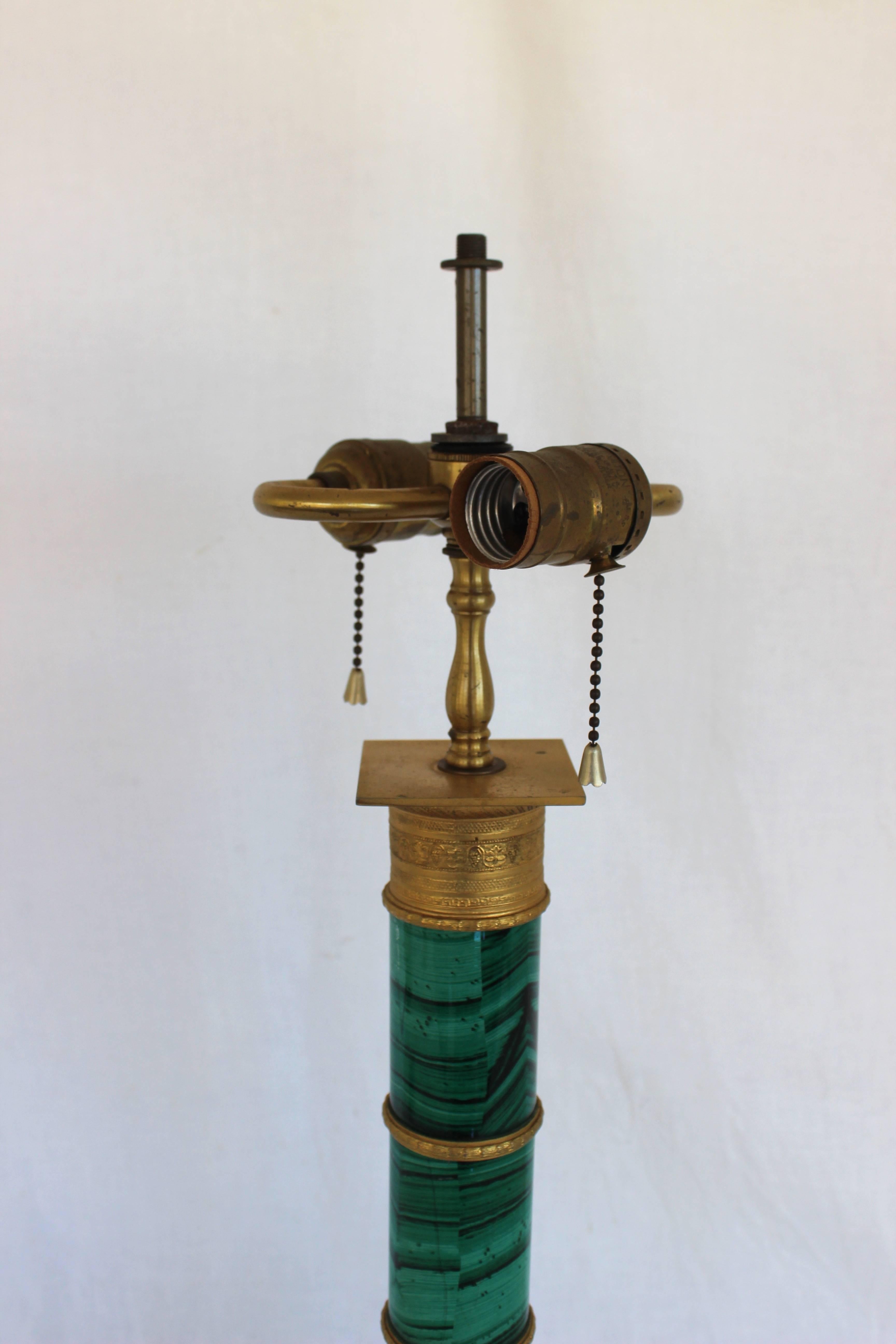 French style faux malachite lamp with gilded bronze mounts.