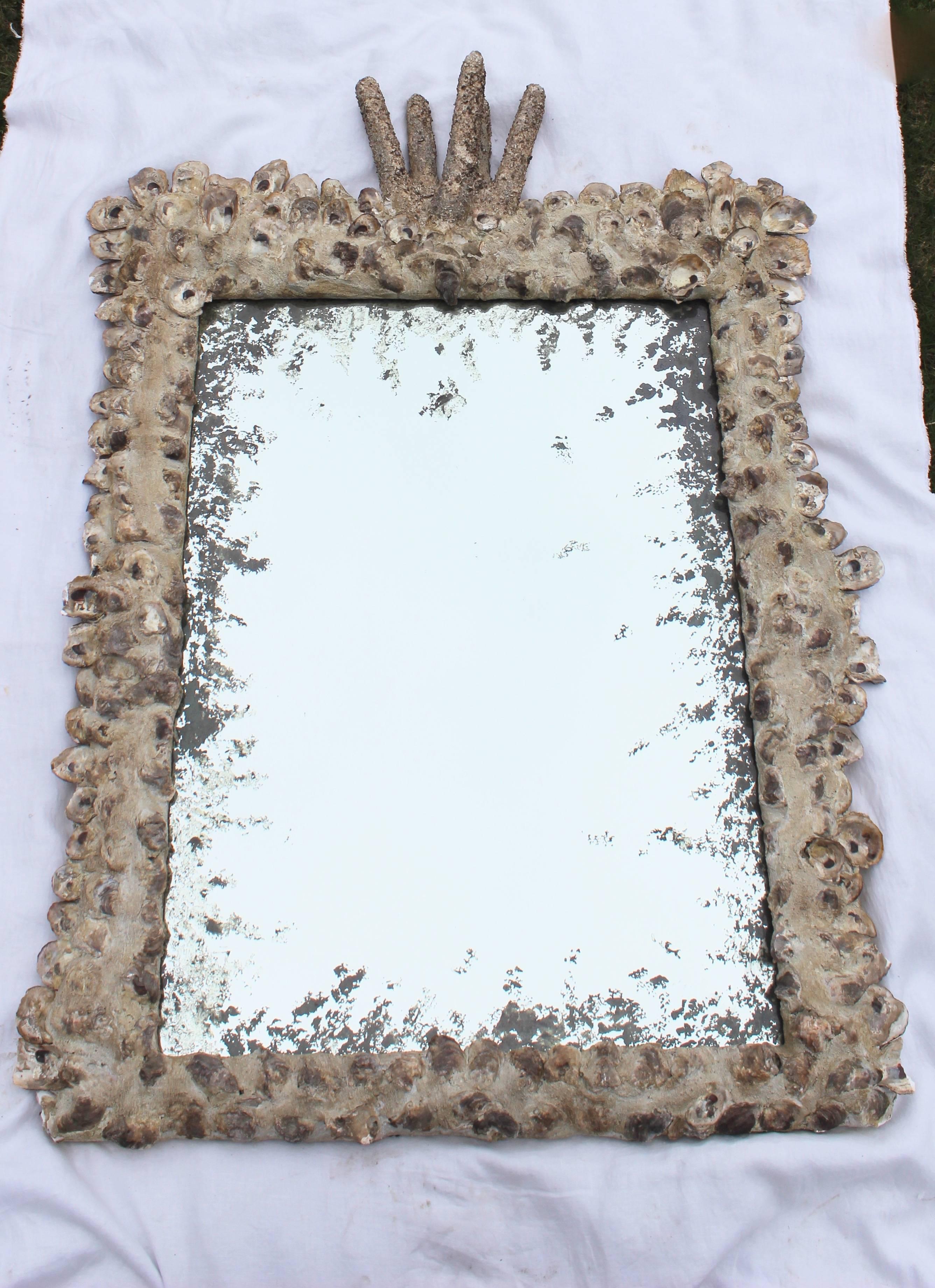 Large oyster shell Grotto mirror with replaced antiqued glass.