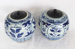 Pair of Chinese Blue and White Lidded Jars