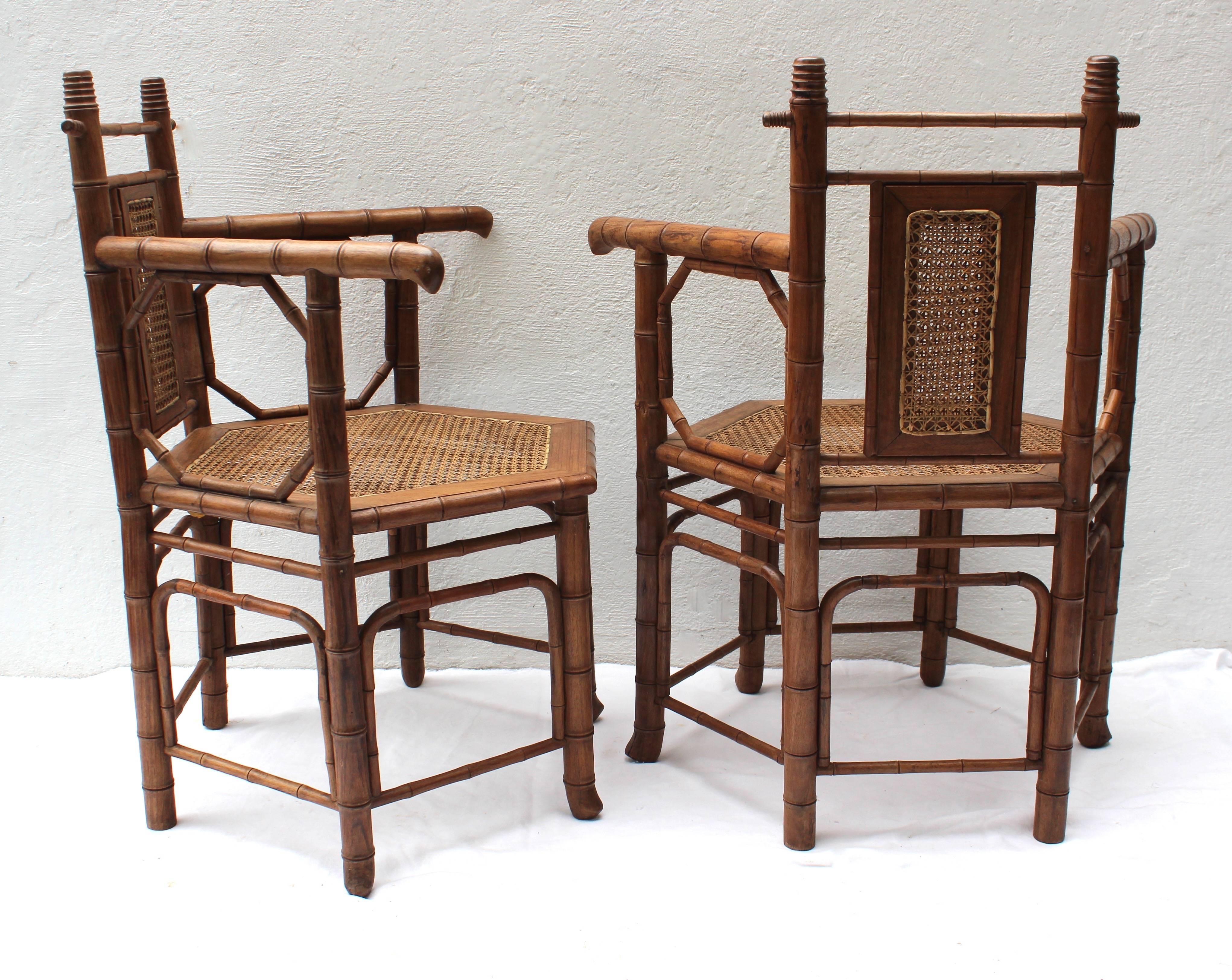 Pair of Hexagonal Bamboo and Cane Armchairs In Excellent Condition In East Hampton, NY