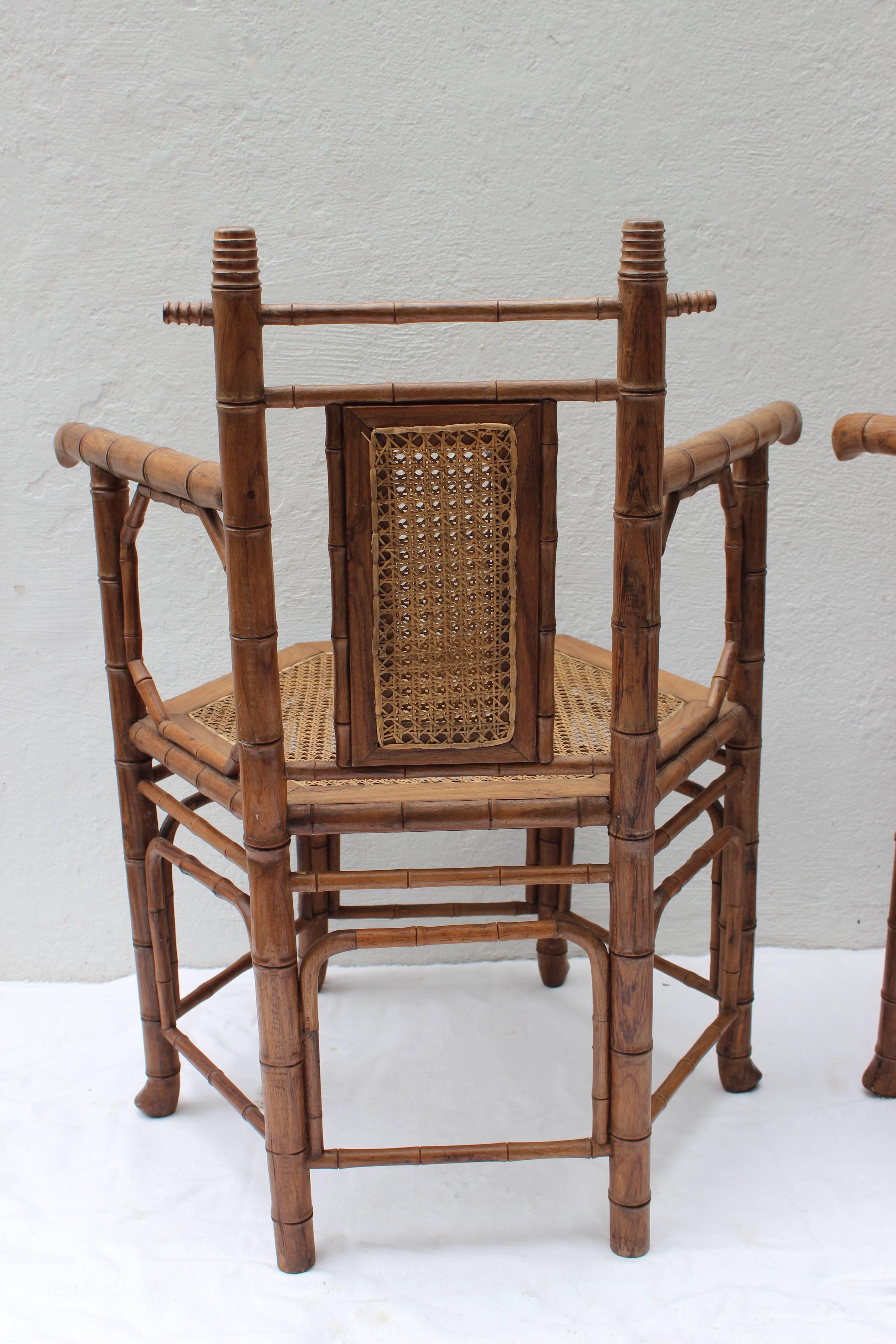 20th Century Pair of Hexagonal Bamboo and Cane Armchairs