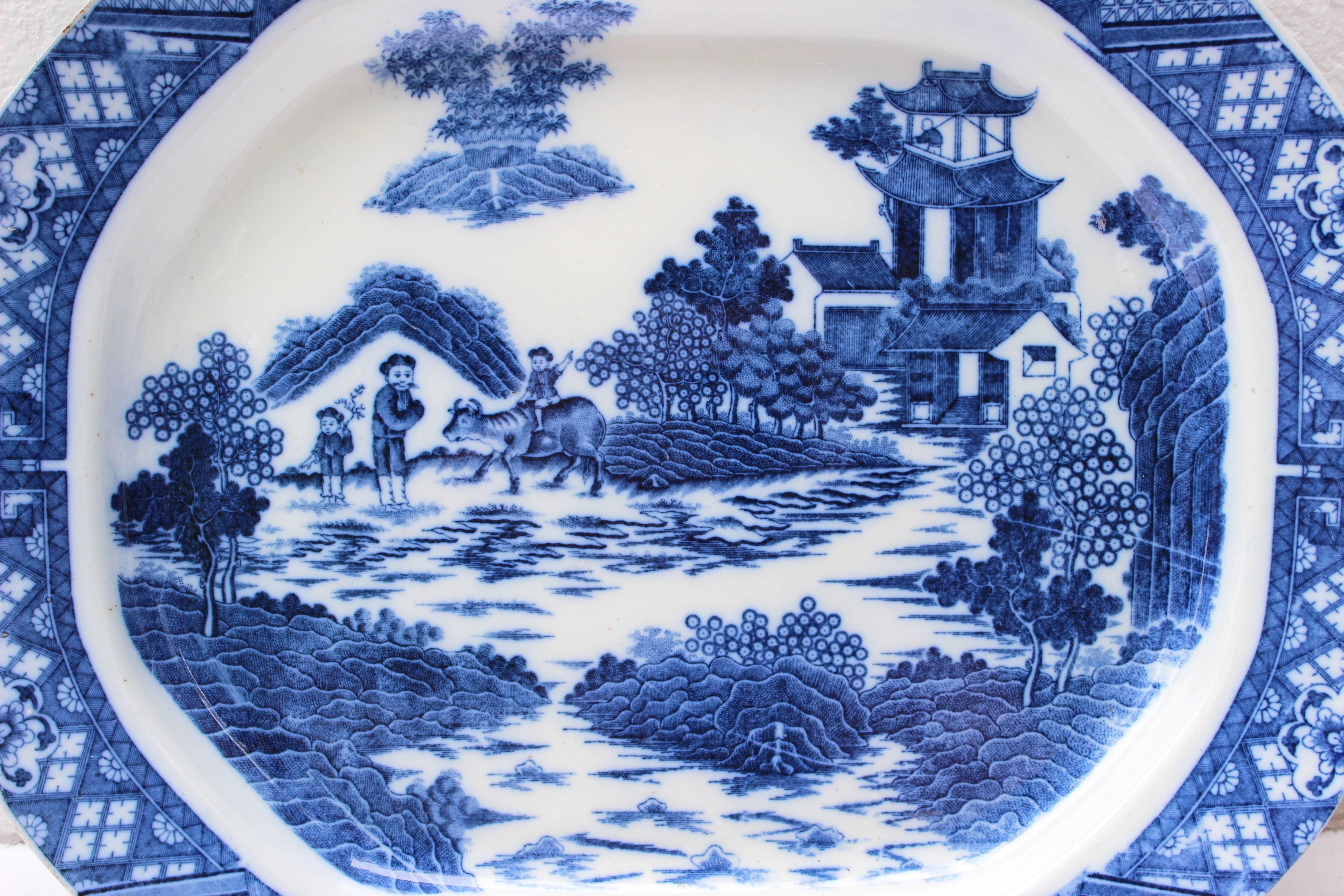 Large 19th Century English Blue and White transfer ware patter with a Chinese motif design.