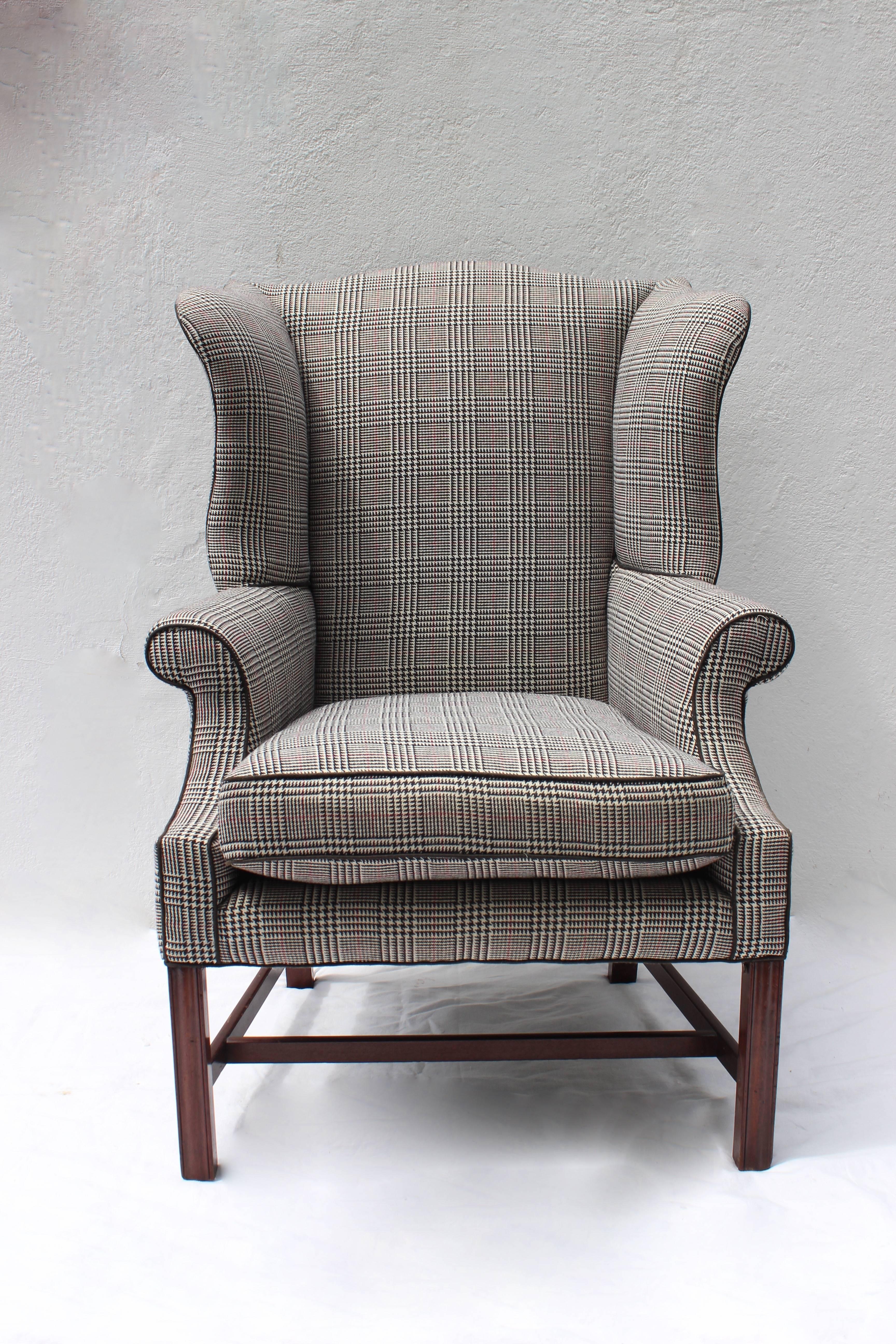 Large late 18th century American Chippendale wingback chair. 

Newly upholstered in wool check.