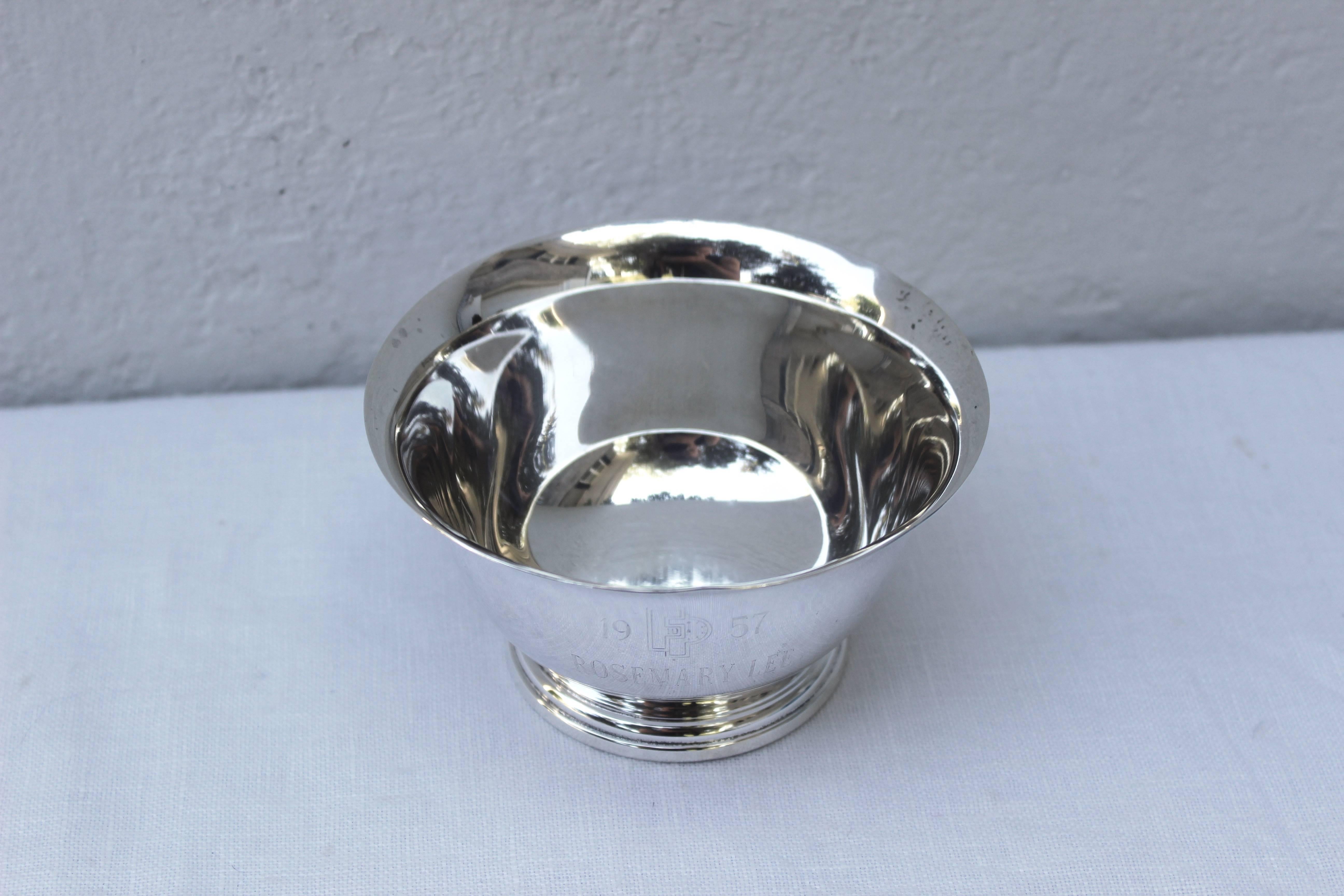 Reproduction of Paul Revere sterling silver bowl. Engraved 