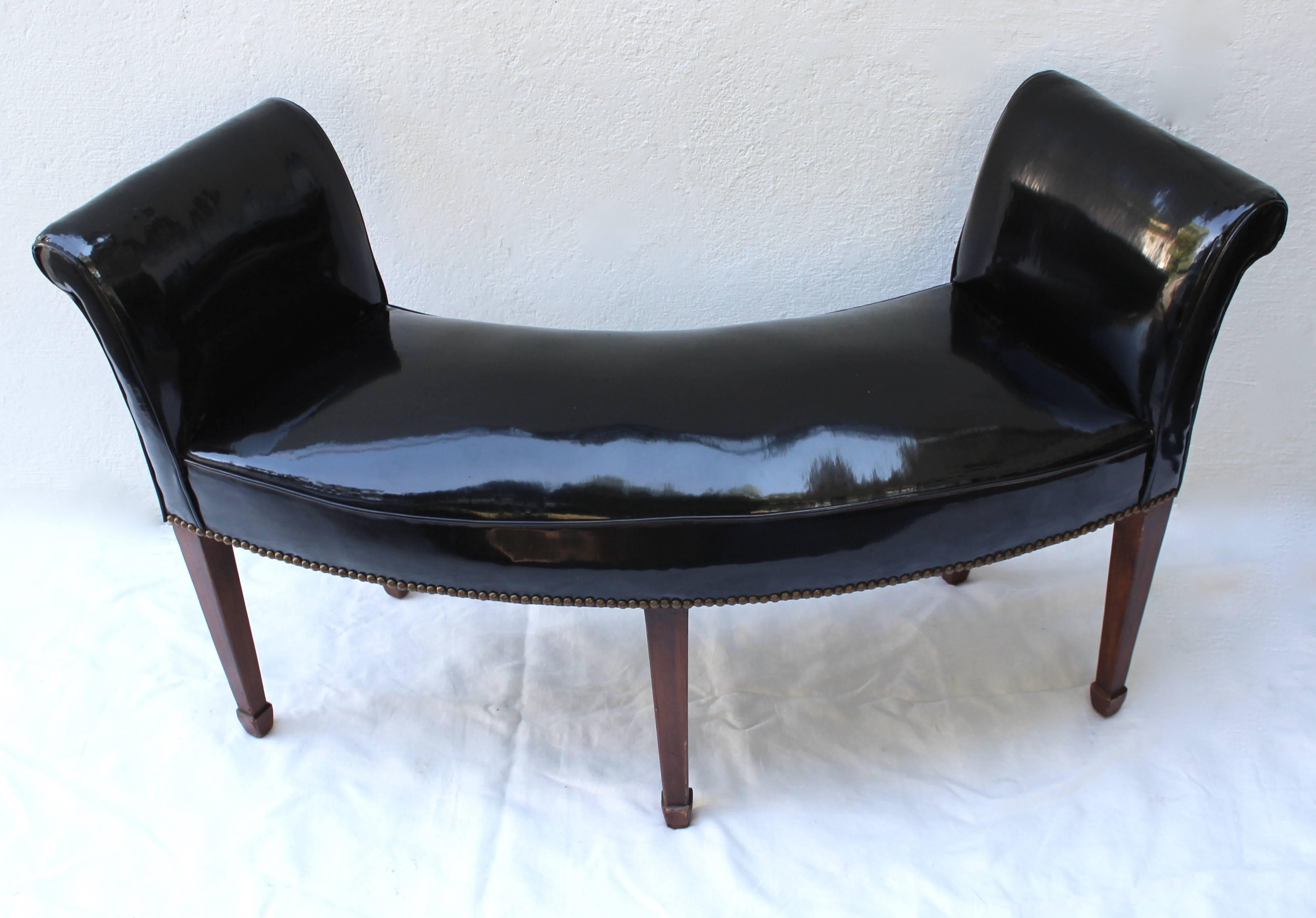 Great looking Regency style curved patent leather bench/window seat in the style of Maison Jansen.