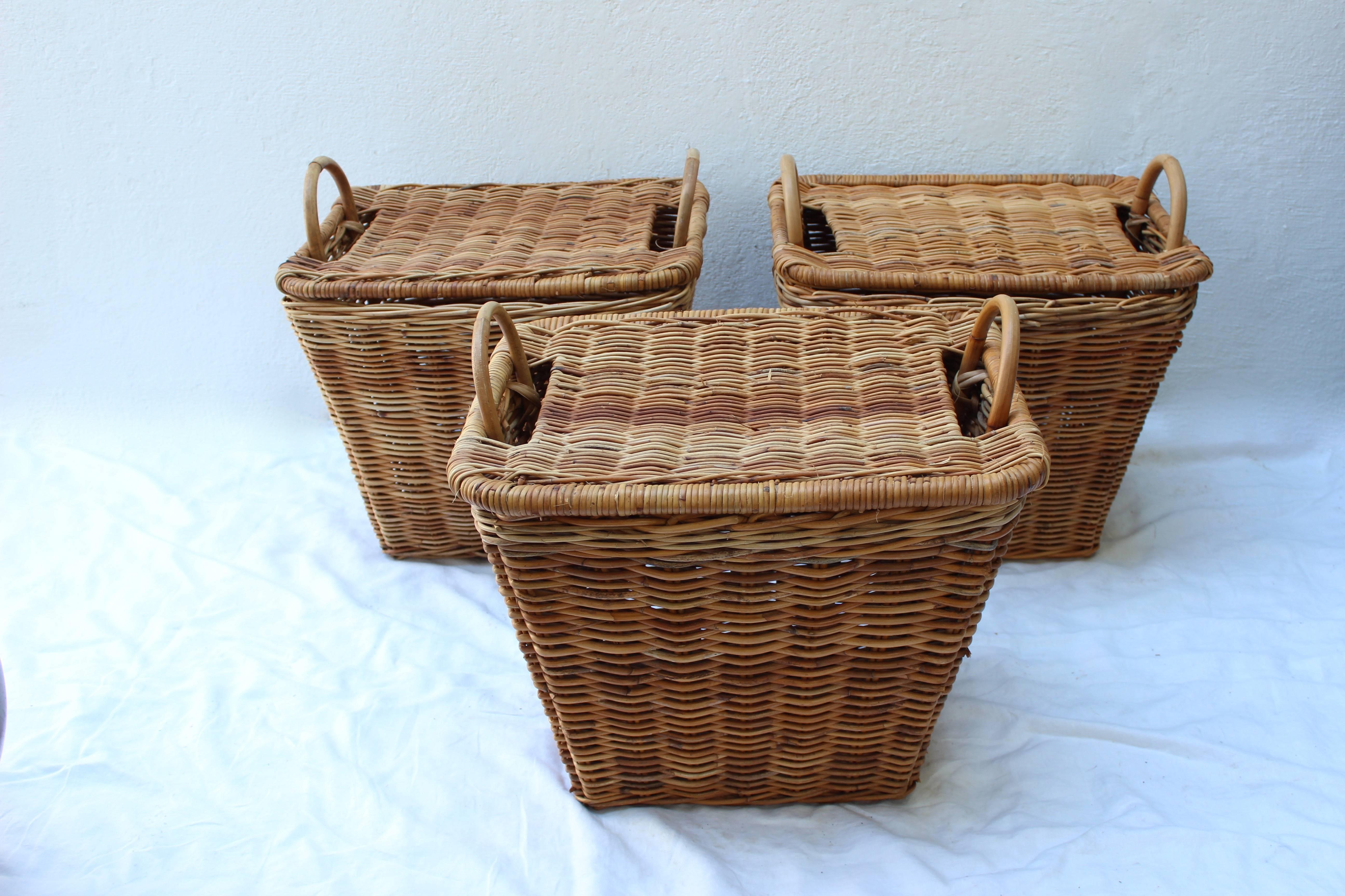 Very attractive set of three baskets with lids inset into the top handles, great fun design.