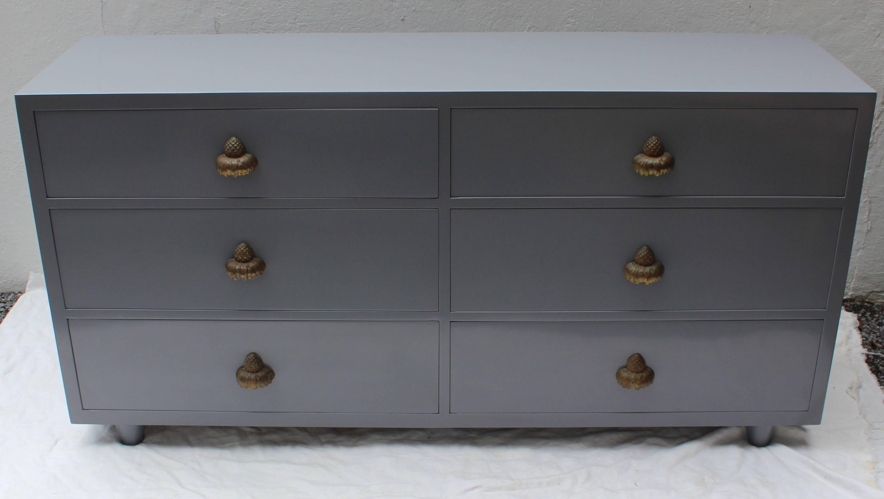 Fabulous and chic grey lacquered six-drawer dresser with exotic pineapple/ pinecone pulls.