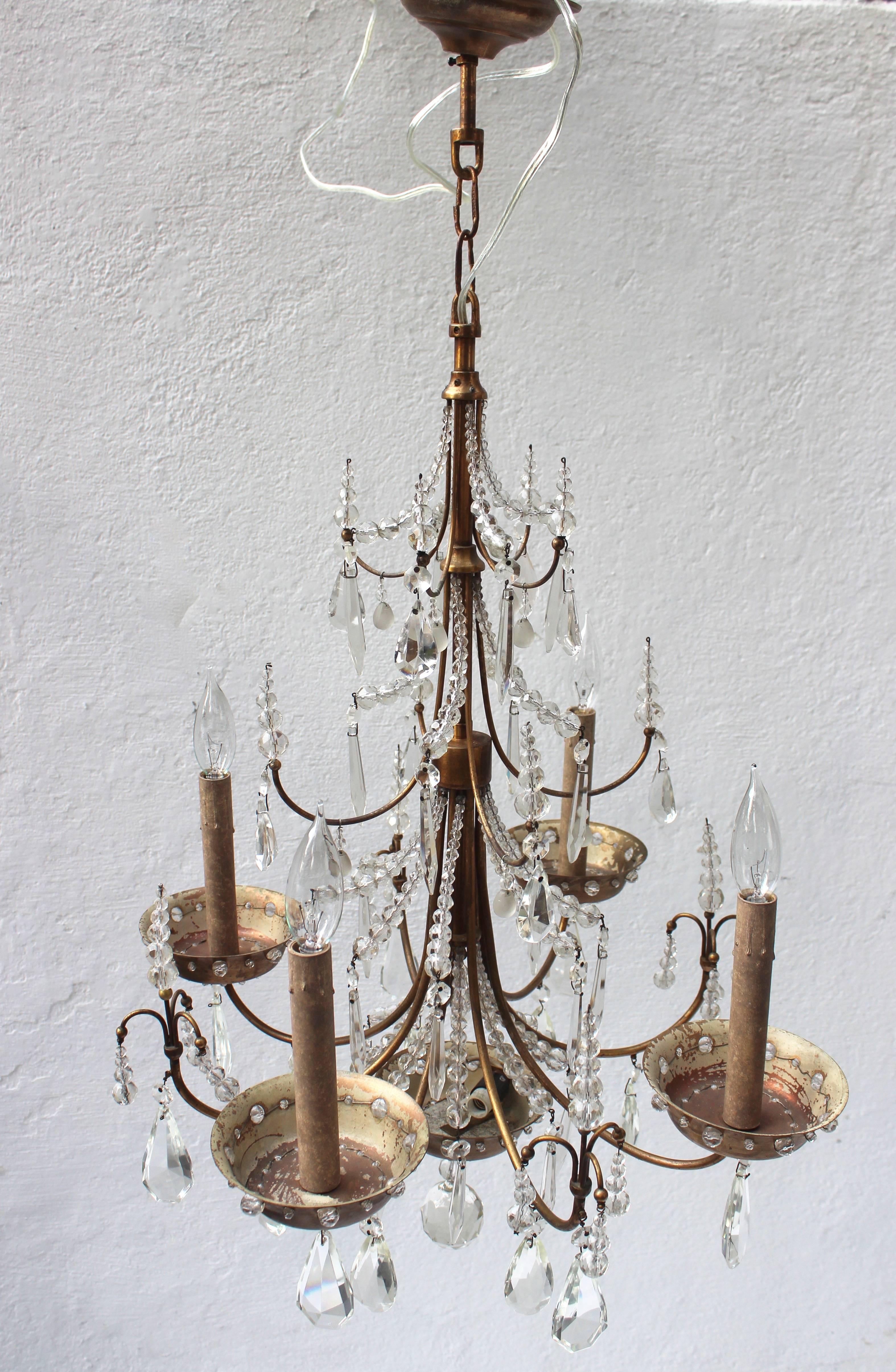 Maison Jansen Four-Arm Brass and Crystal Chandelier For Sale 2