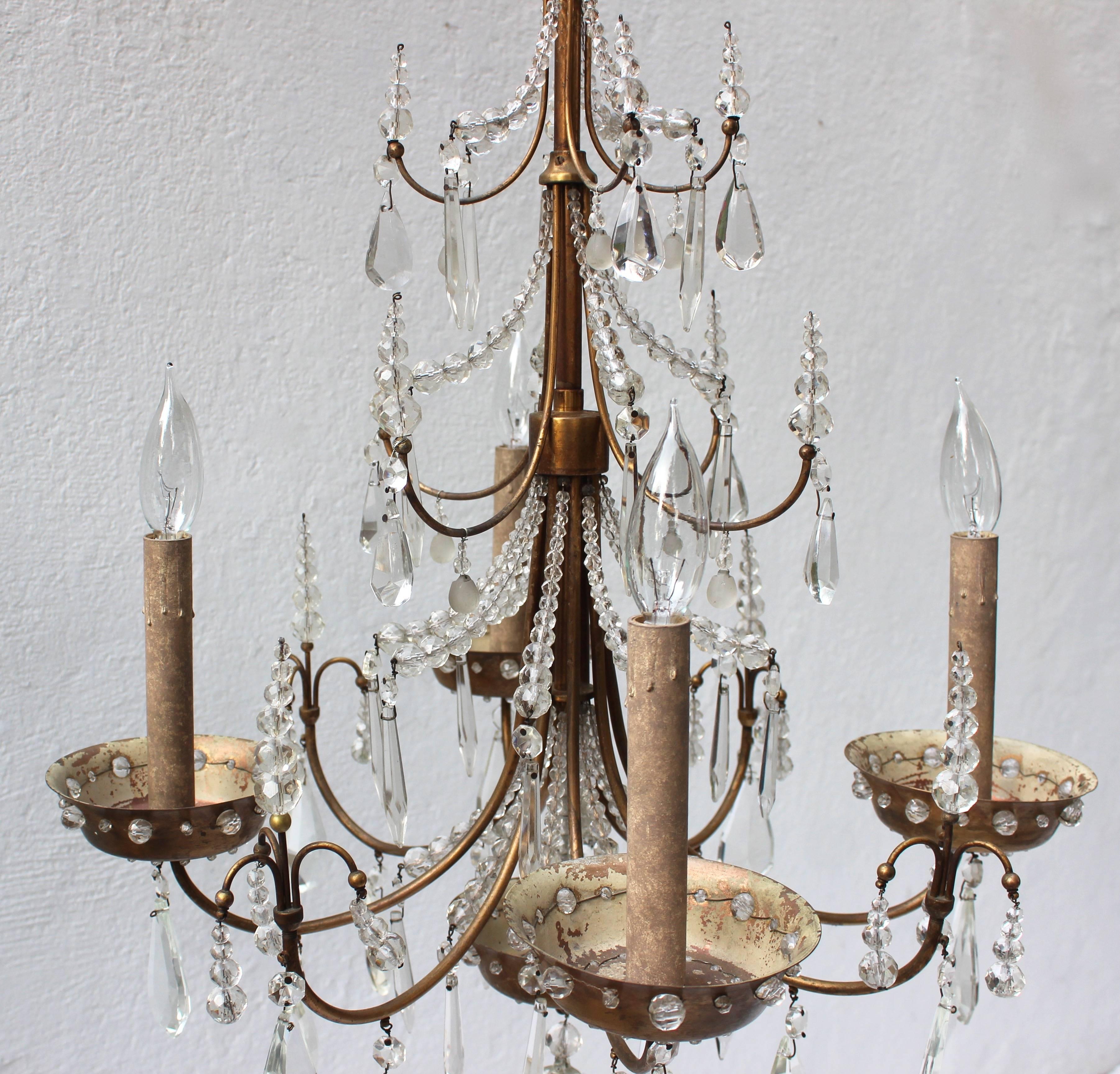 Maison Jansen Four-Arm Brass and Crystal Chandelier For Sale 3