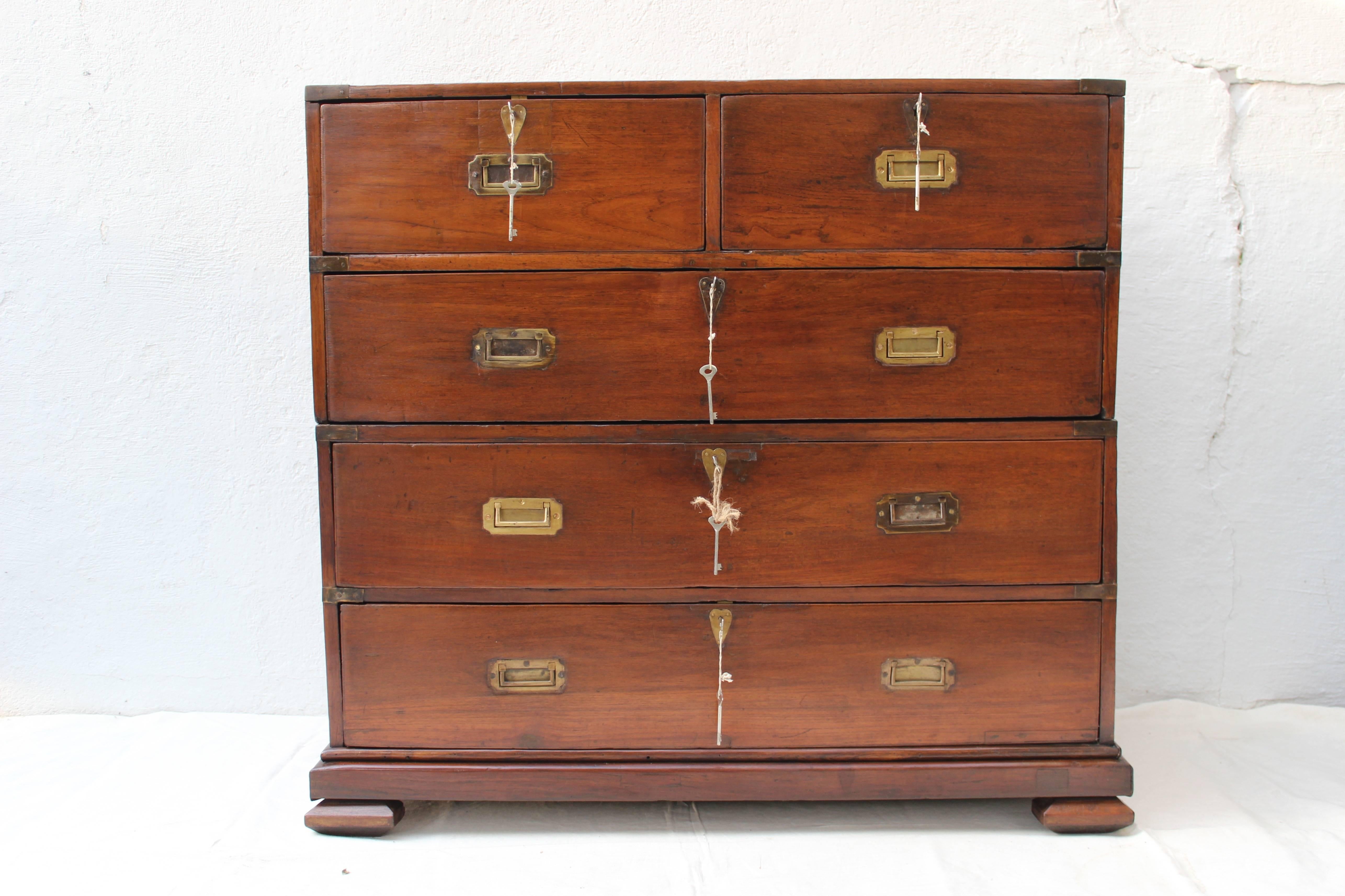19th Century Two-Part Campaign Chest. Each drawer locks individually and has a set of two keys. All locks and keys work well.